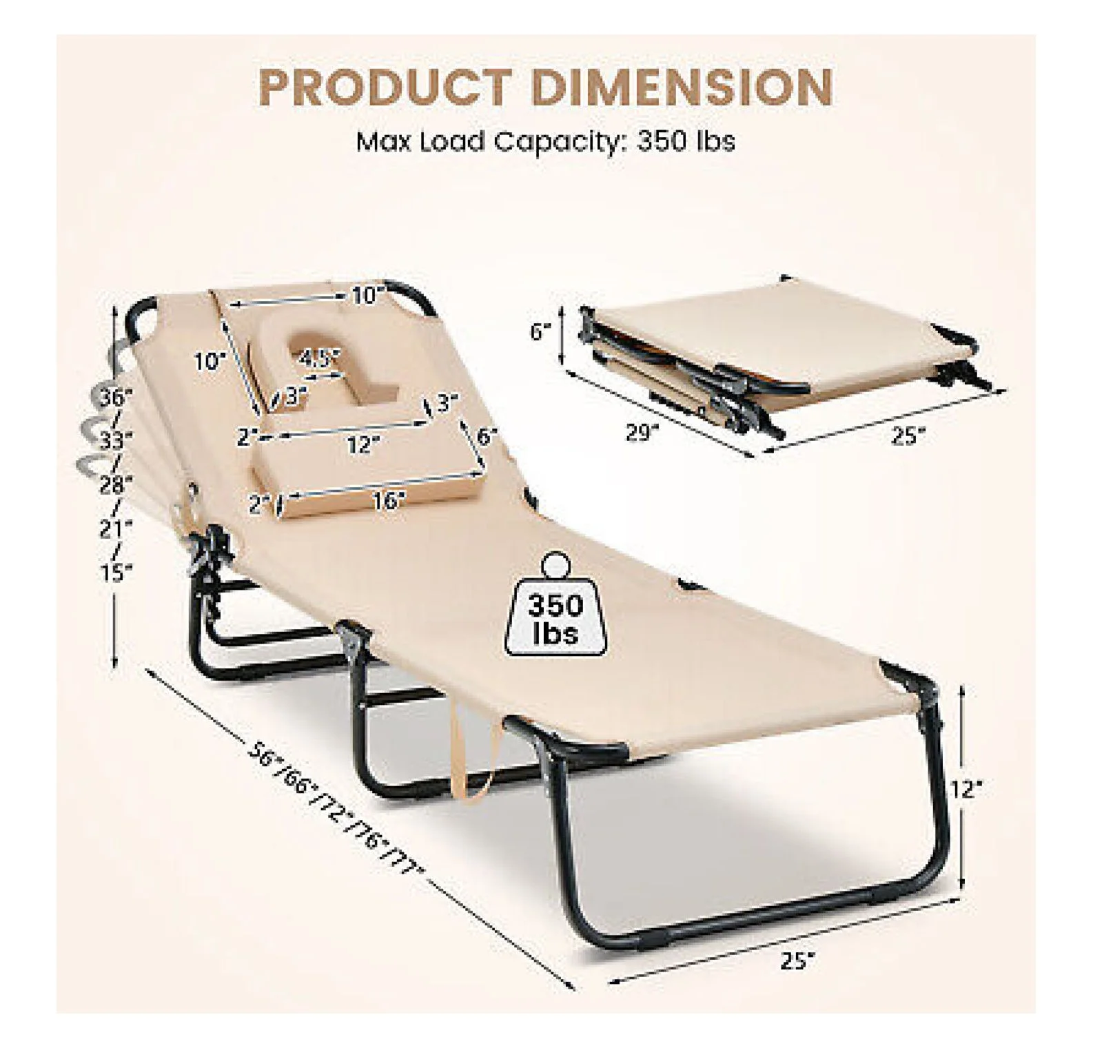 Folding Face Down Tanning Chair, Beach Lounge Chair with Face Hole