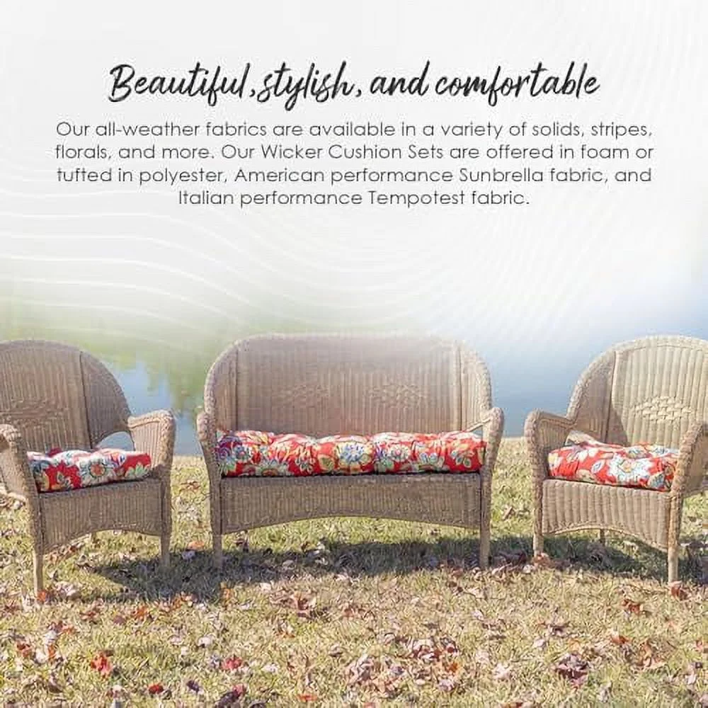 Indoor Outdoor 3 Piece Tufted Wicker Settee and Chair Cushion Set by RSH Décor, All Weather & Fade Resistant Polyester Fabric, 1 Loveseat Cushion 41”x19” & 2 U-Shape Chair Cushion 19”x19”