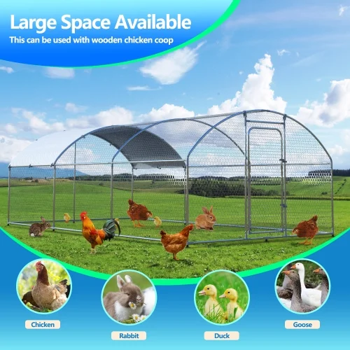Metal Large Chicken Coop Walk-in Poultry Cage Large Chicken Run Arc Shaped Cage with Waterproof Anti-Ultraviolet Cover, 1.00