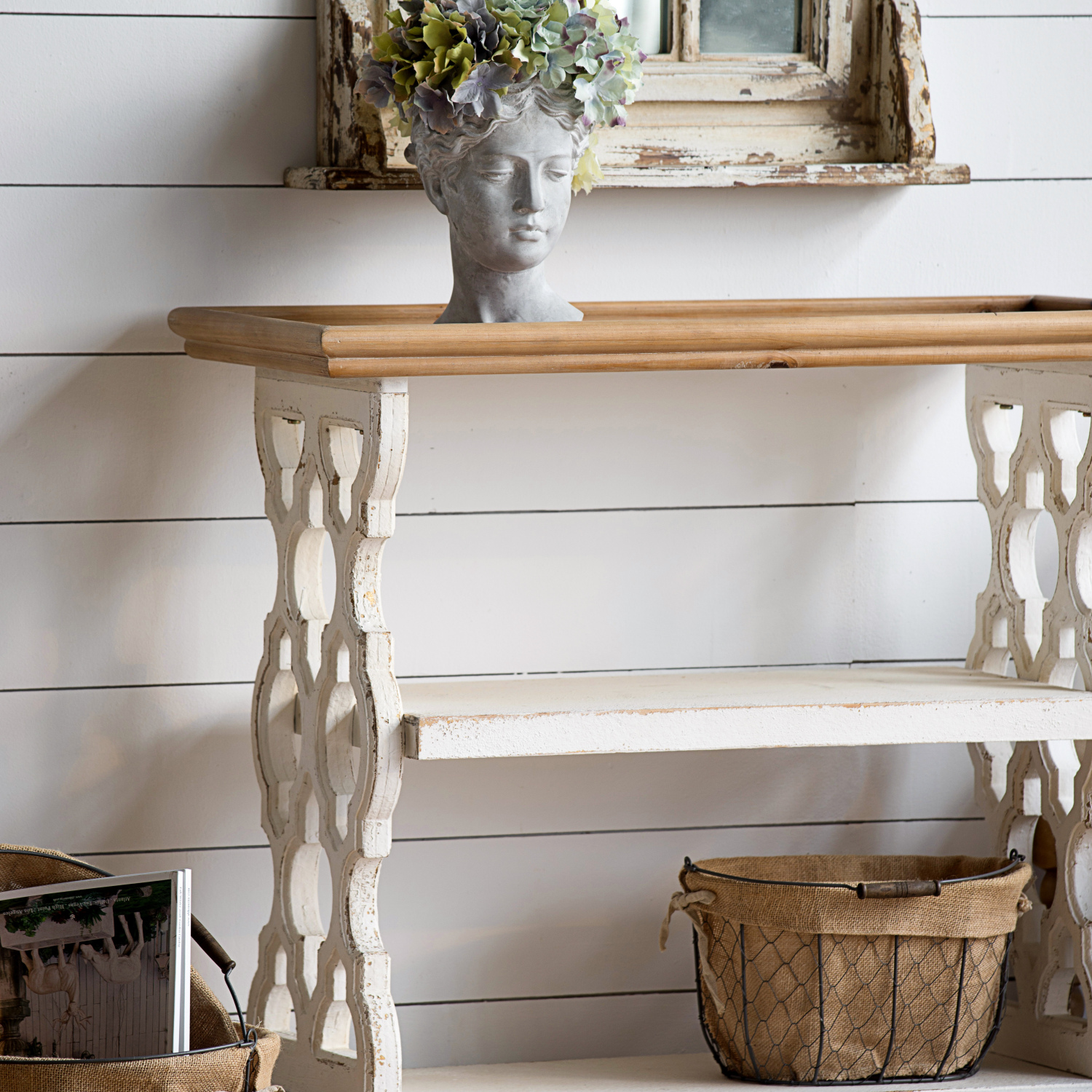 French Country Console Table with Distressed White and Natural Wood Shelf  35.5” x 14” x 32” Dimensions
