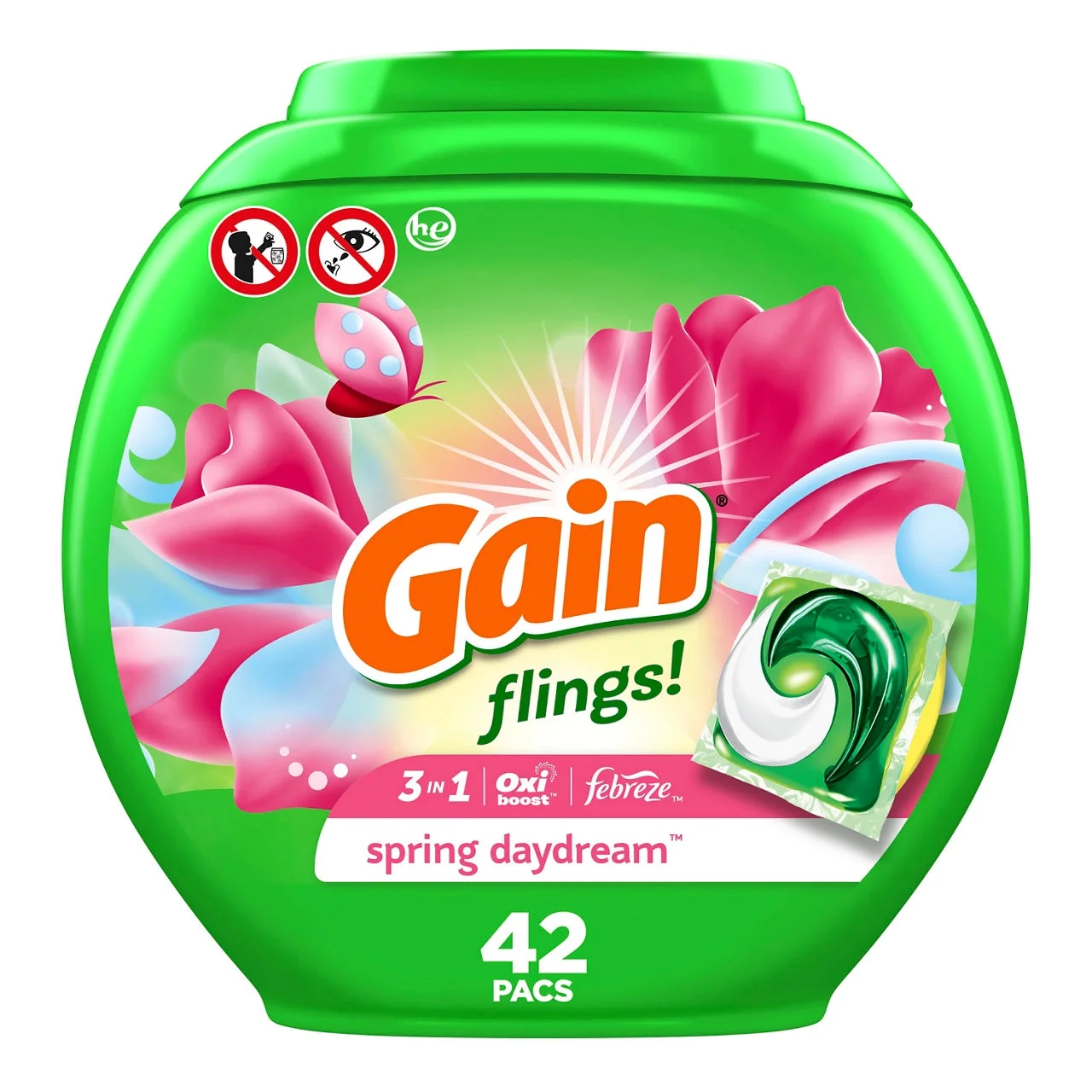 Gain Flings Laundry Detergent Soap Pacs, Spring Daydream Scent, HE Compatible, 42-Count