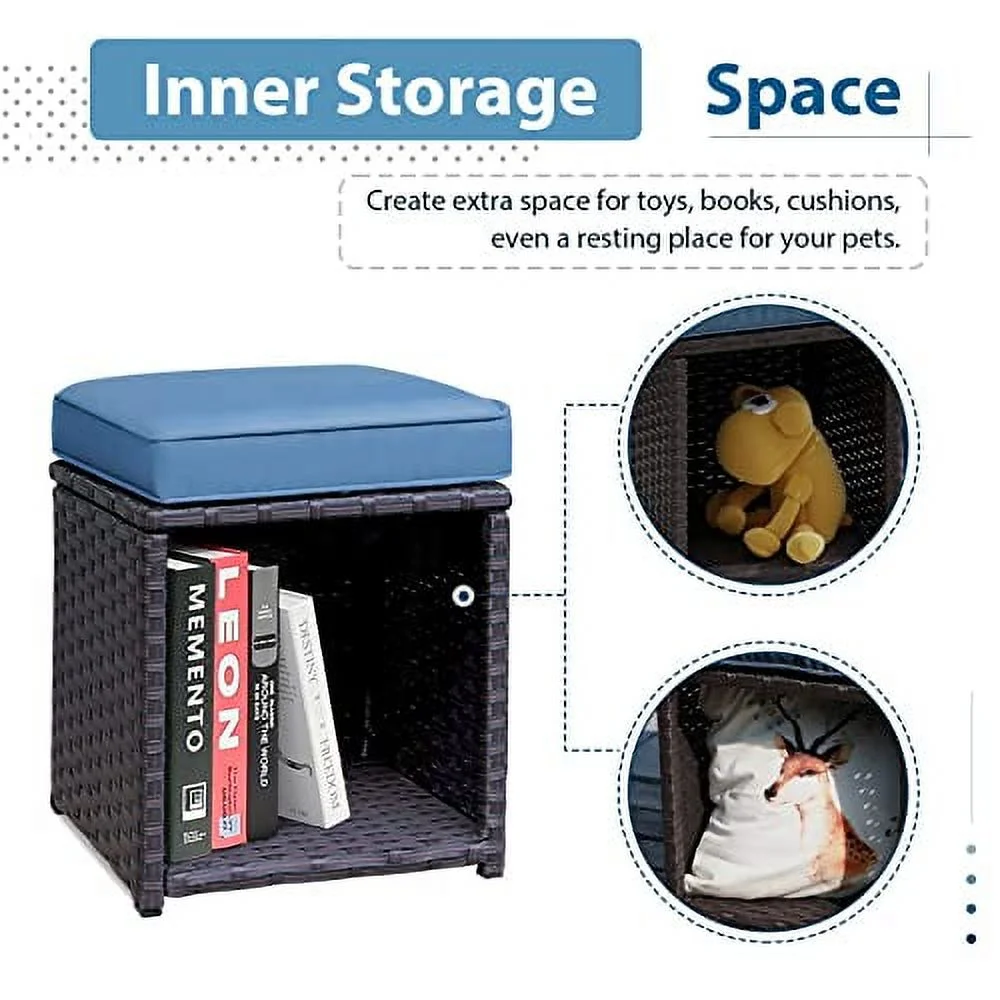 JOIVI 2 Pieces Outdoor Patio Ottoman, All Weather Rattan Wicker Ottoman Set, Outdoor Footstool Footrest Seat with Removable Cushions Storage Space, Aegean Blue