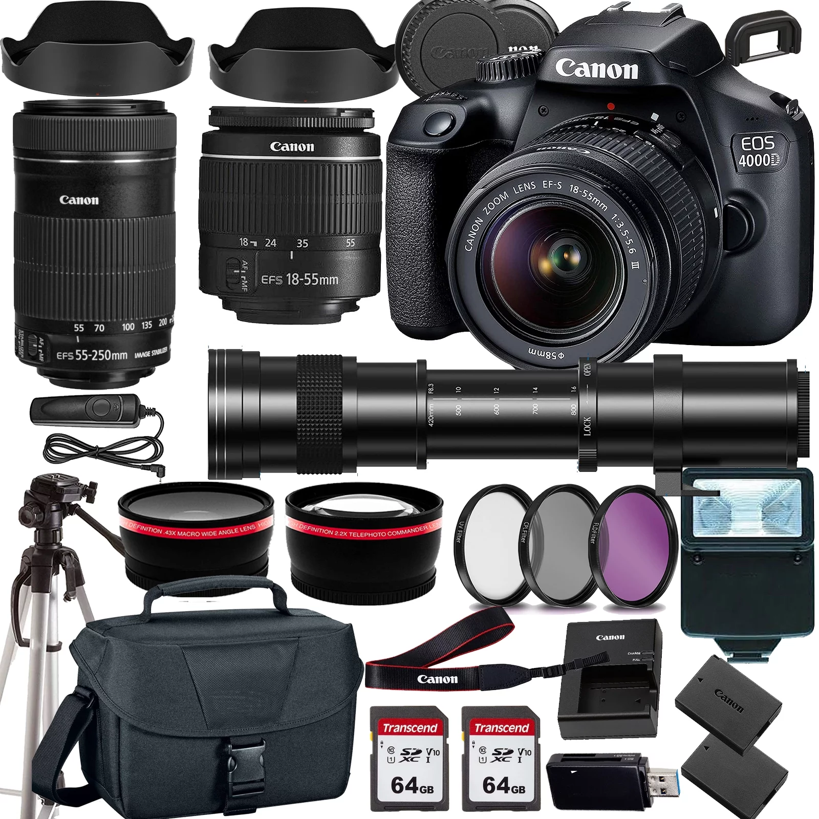 Canon EOS 4000D/Rebel T100 DSLR Camera w/Canon EF-S 18-55mm F/3.5-5.6 Zoom Lens+Canon EF-S 55-250mm f/4-5.6 IS STM+420-800mm HD Telephoto Zoom lens+case+128Memory Cards (24PC)