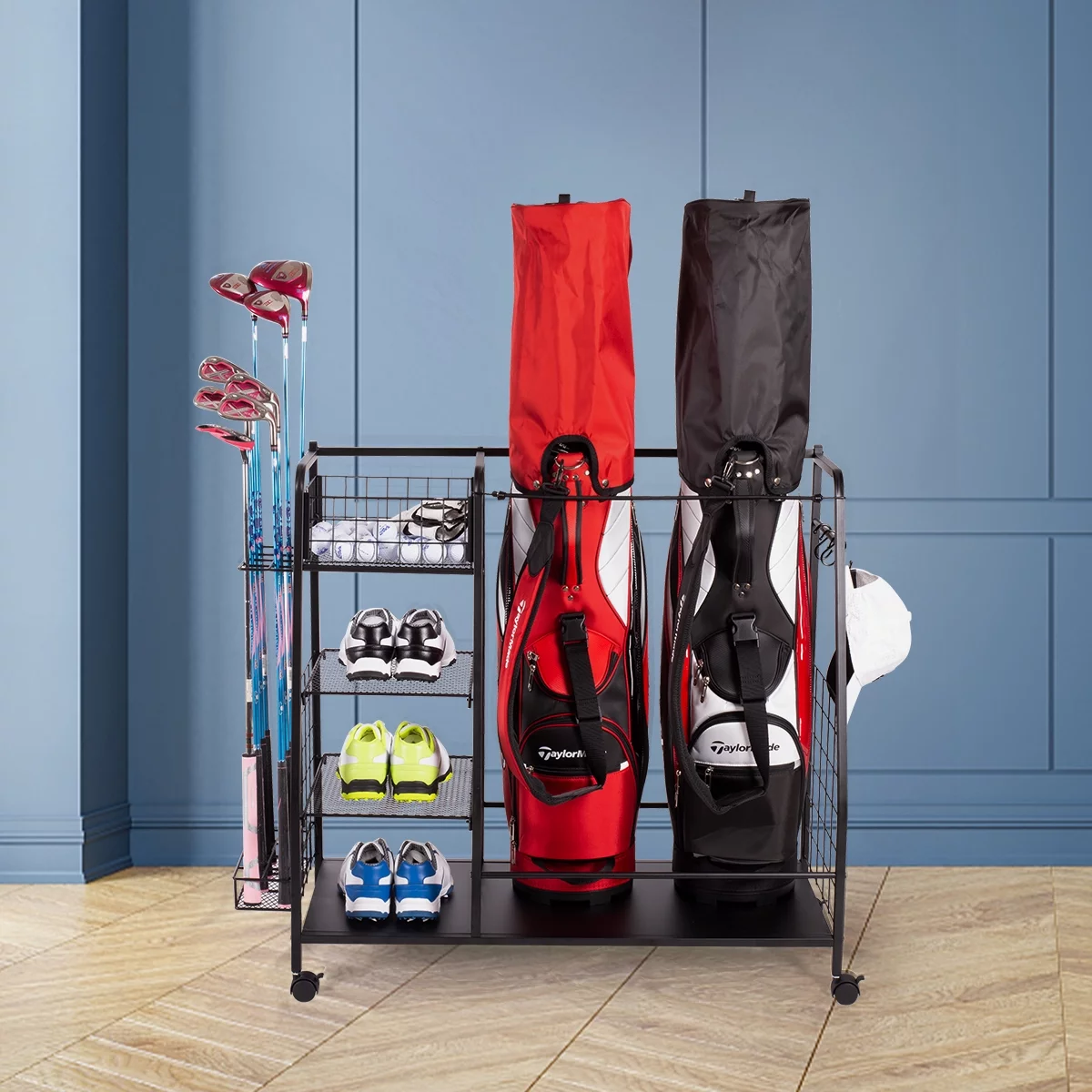 Golf Storage Rack - Garage Organizer with Side Golf Clubs Holder - Extra Large Golf Bag Stand for 2 Golf Bags - Golf Accessories Organizer with Wheels and Leveling Feet - Easy Assemble