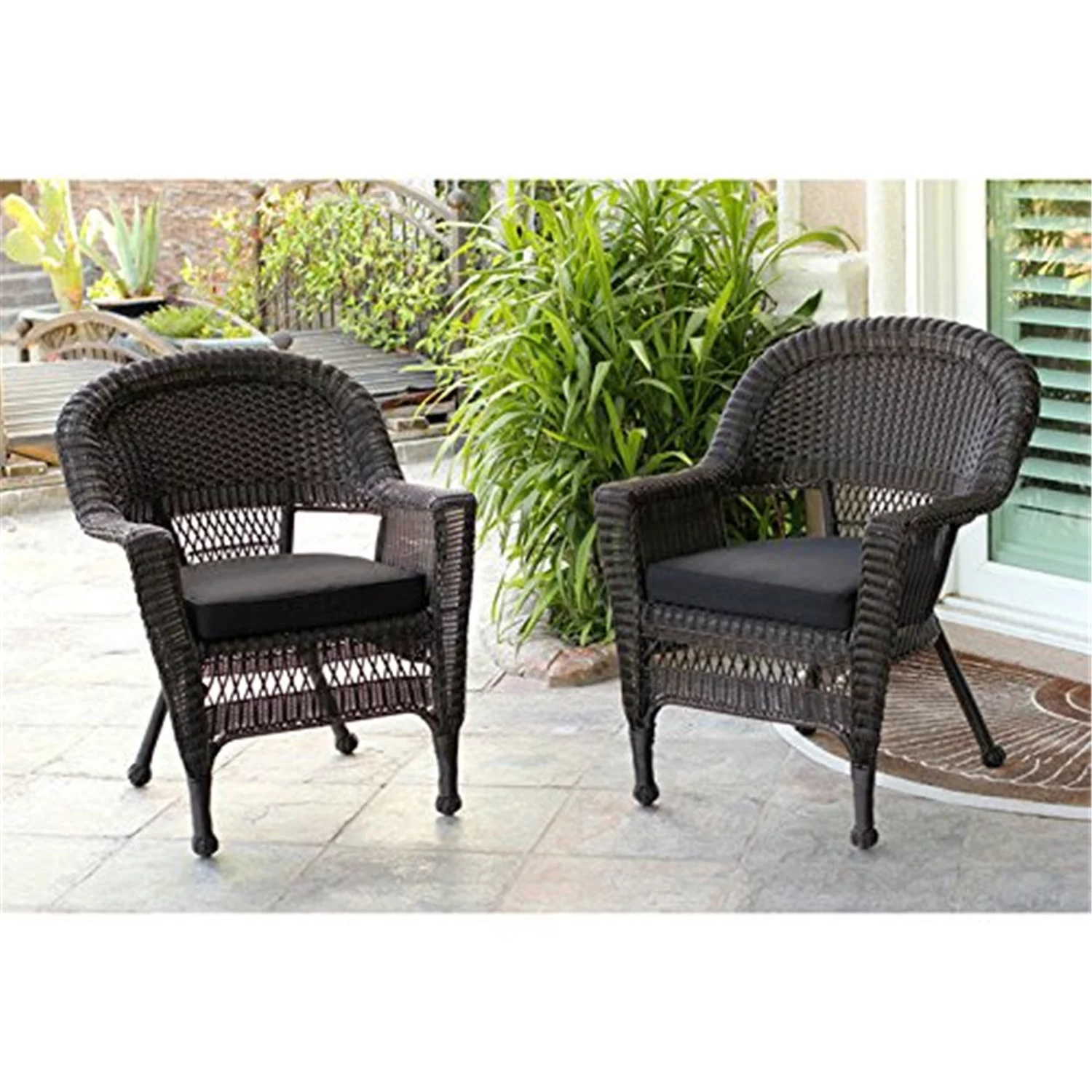 Jeco Wicker Chair in Espresso with Black Cushion (Set of 4)
