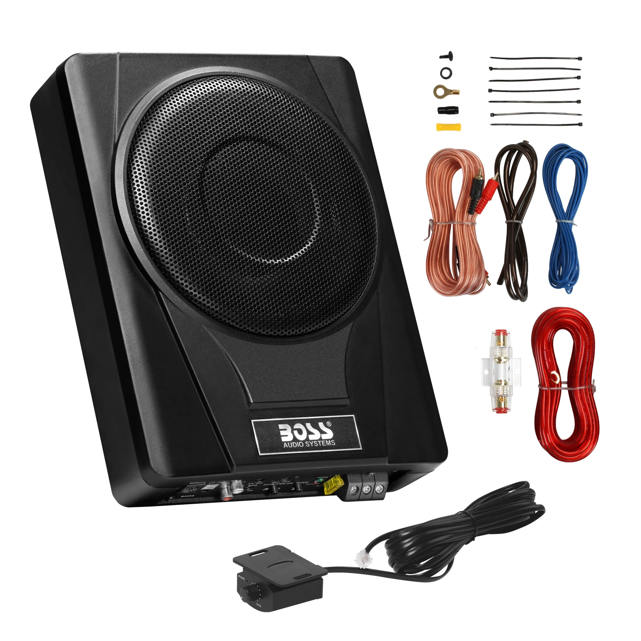 BOSS Audio Systems BASS8K 8 Inch Powered Under Seat Car Subwoofer and 8 Gauge Amp Wiring Kit Package - 800 Watts Max, Single 4 Ohm Voice Coil, Built-in Amp, Remote Subwoofer Control, Sold Individually