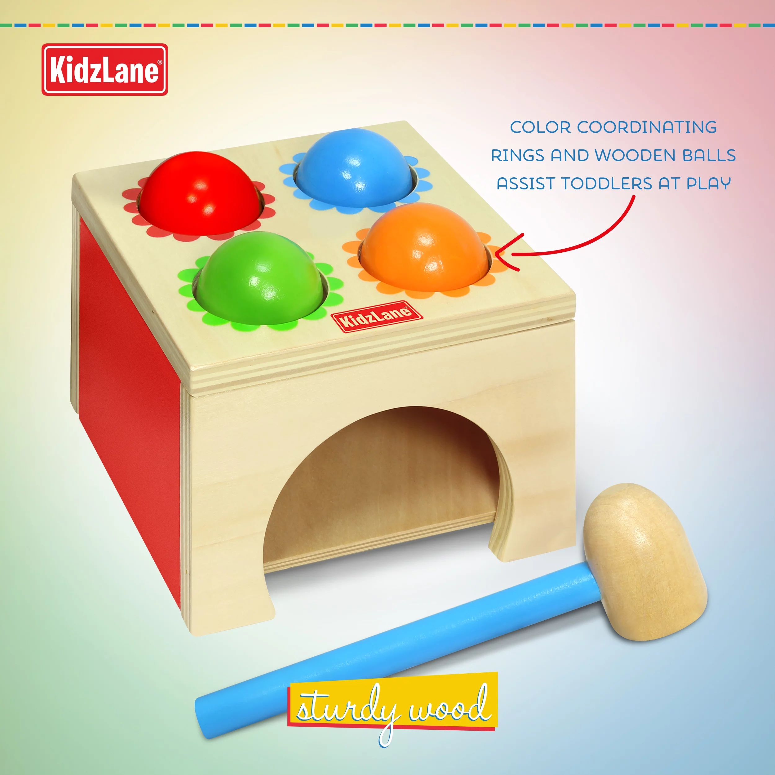 Kidzlane Toy Hammer and 4-Ball Wooden Play Set | Learn Colors, Counting, Building