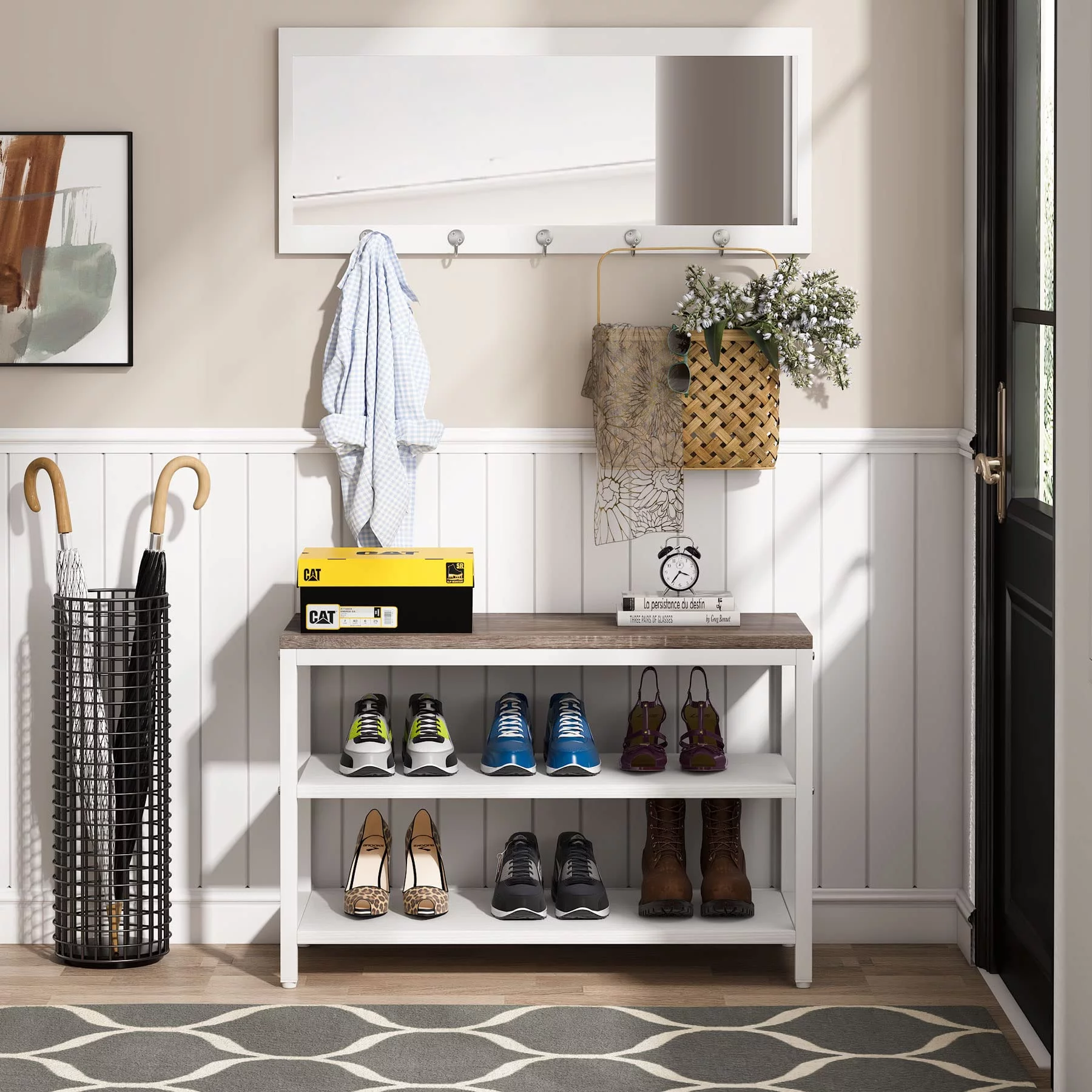 Entryway Shoe Bench Shoe Rack with Mirror Hooks for Hallway