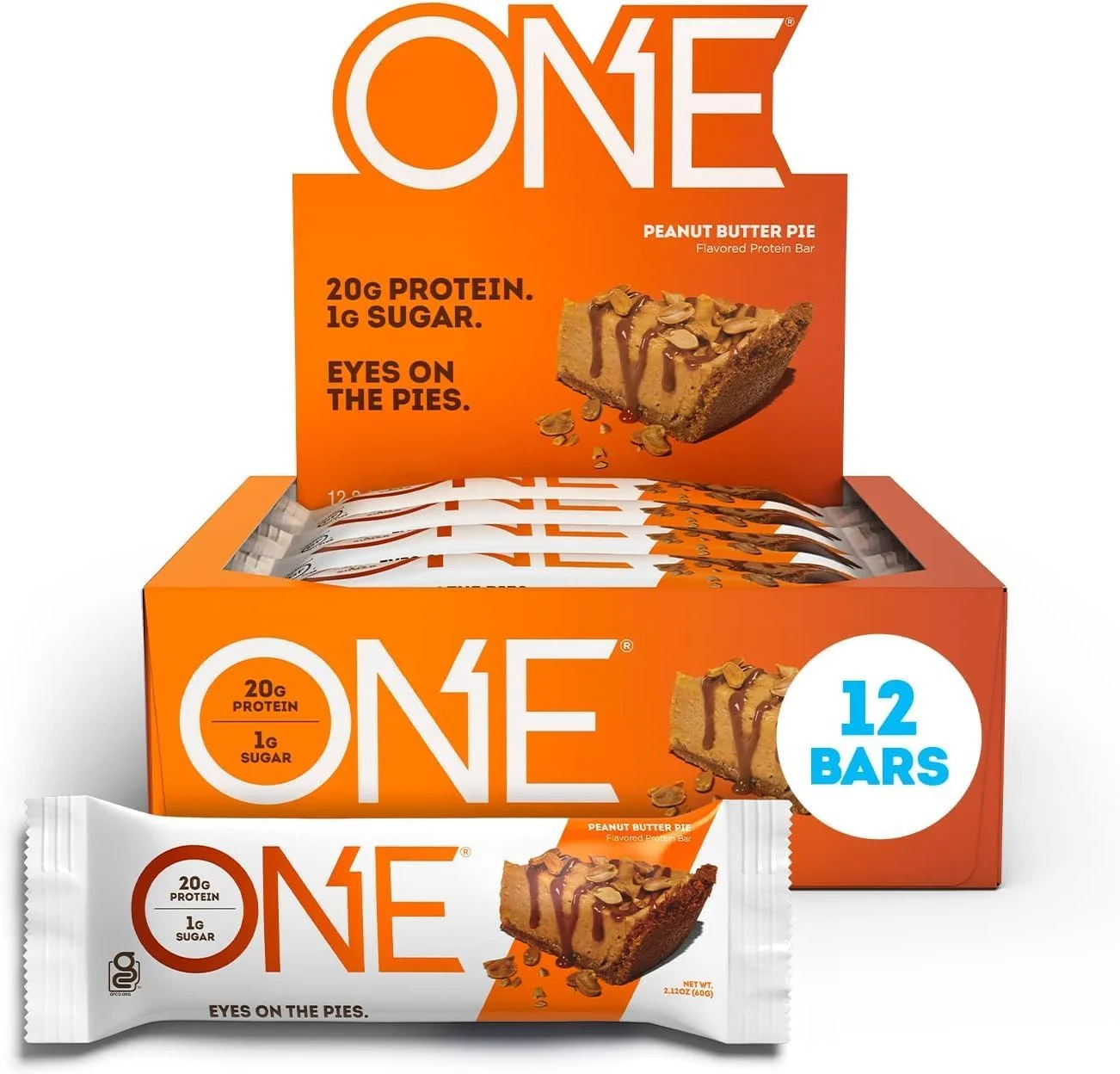 ONE Peanut Butter Pie, New and Improved Recipe, Gluten Free Protein Bars with 20g Protein and only 1g Sugar, Guilt-Free Snacking for High Protein Diets, 2.12 oz (12 Count)