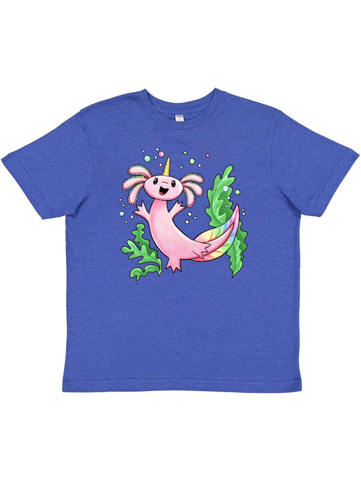 Inktastic Axolotl Unicorn with Rainbow Tail, Bubbles and Seaweed. Youth T-Shirt