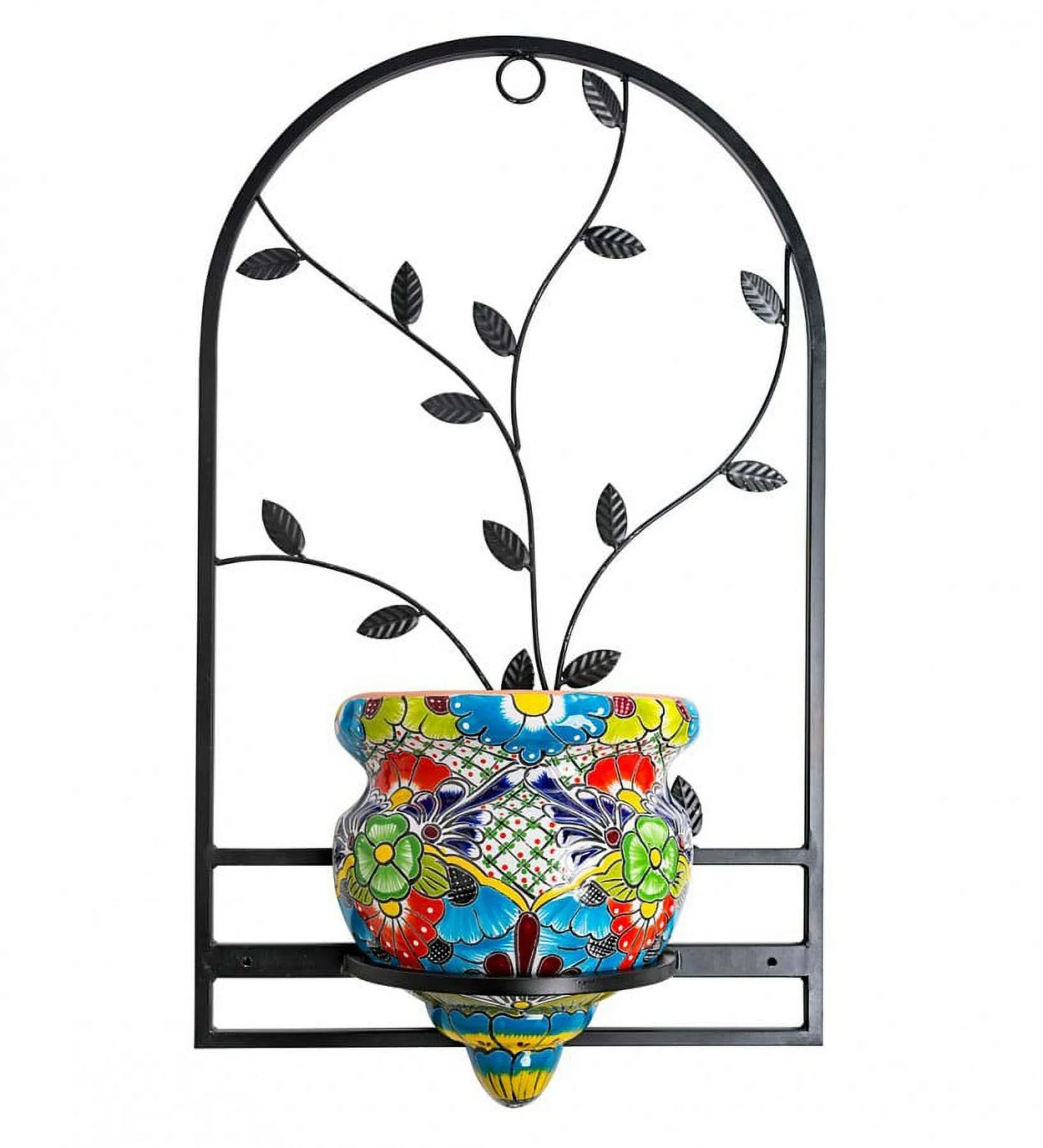Wind & Weather Handcrafted Talavera-Style Terra Cotta Flat-Backed Wall Planter with Wrought Iron Hanger