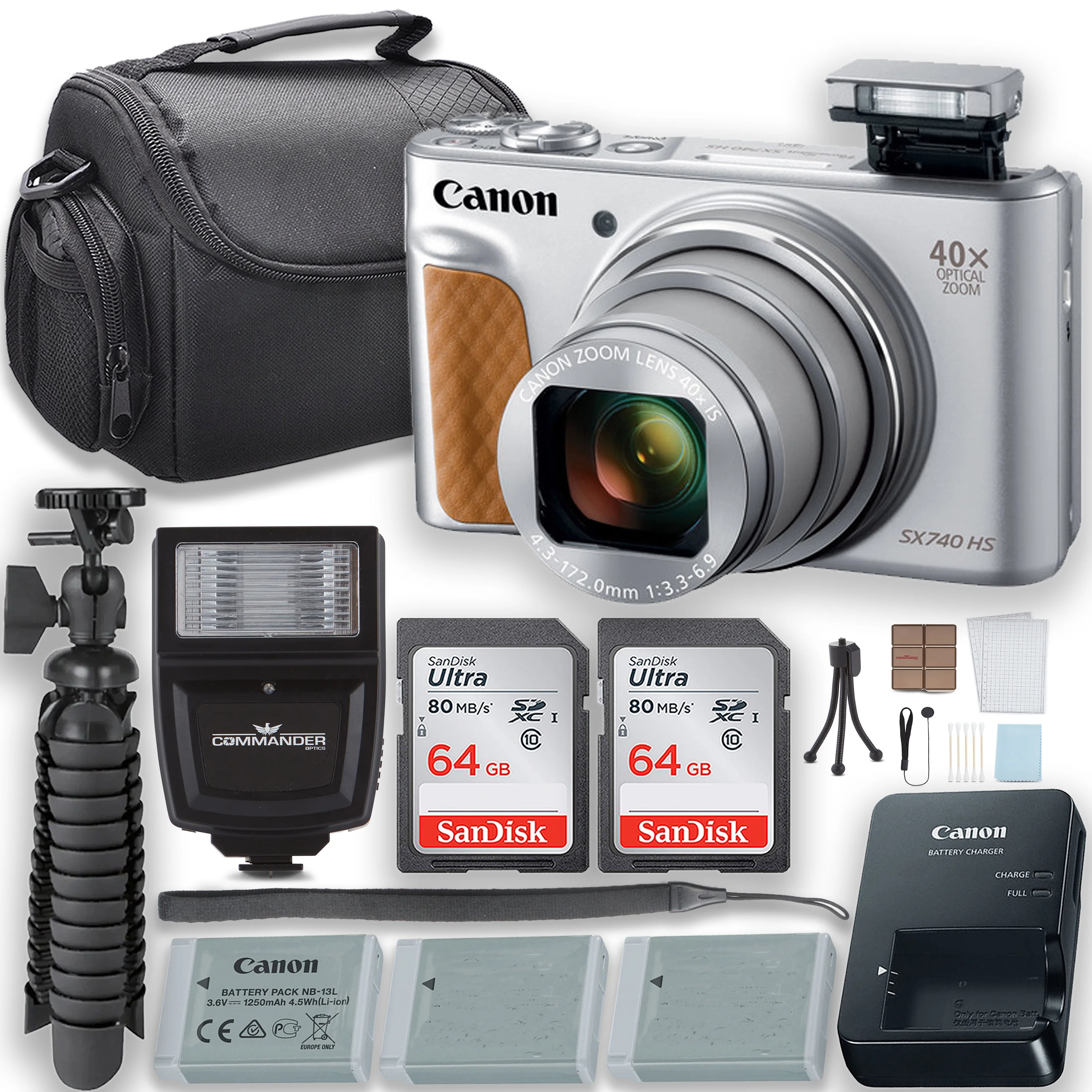 Canon PowerShot SX740 HS Digital Camera (Silver) With Flash + 2 Extra Batteries + Two 64GB Memory Cards + Tripod + Case & More