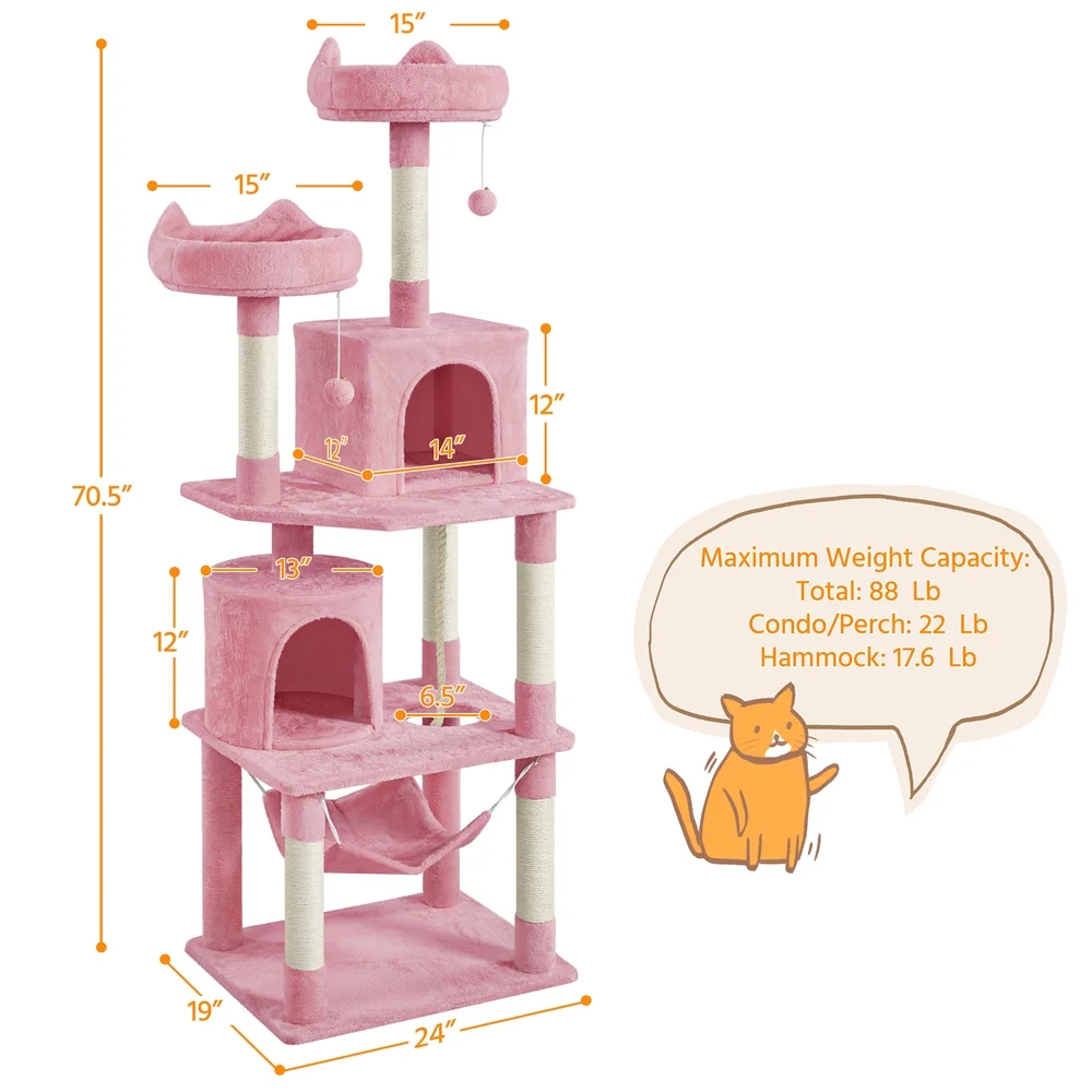 Smile Mart 70.5″ H Multi Level Cat Tree Tower with 2 Foam-Padded Perches, Pink