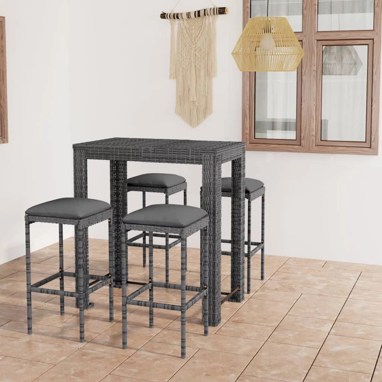 Walmeck 5 Piece Patio Bar Set with Cushions Poly Rattan Gray
