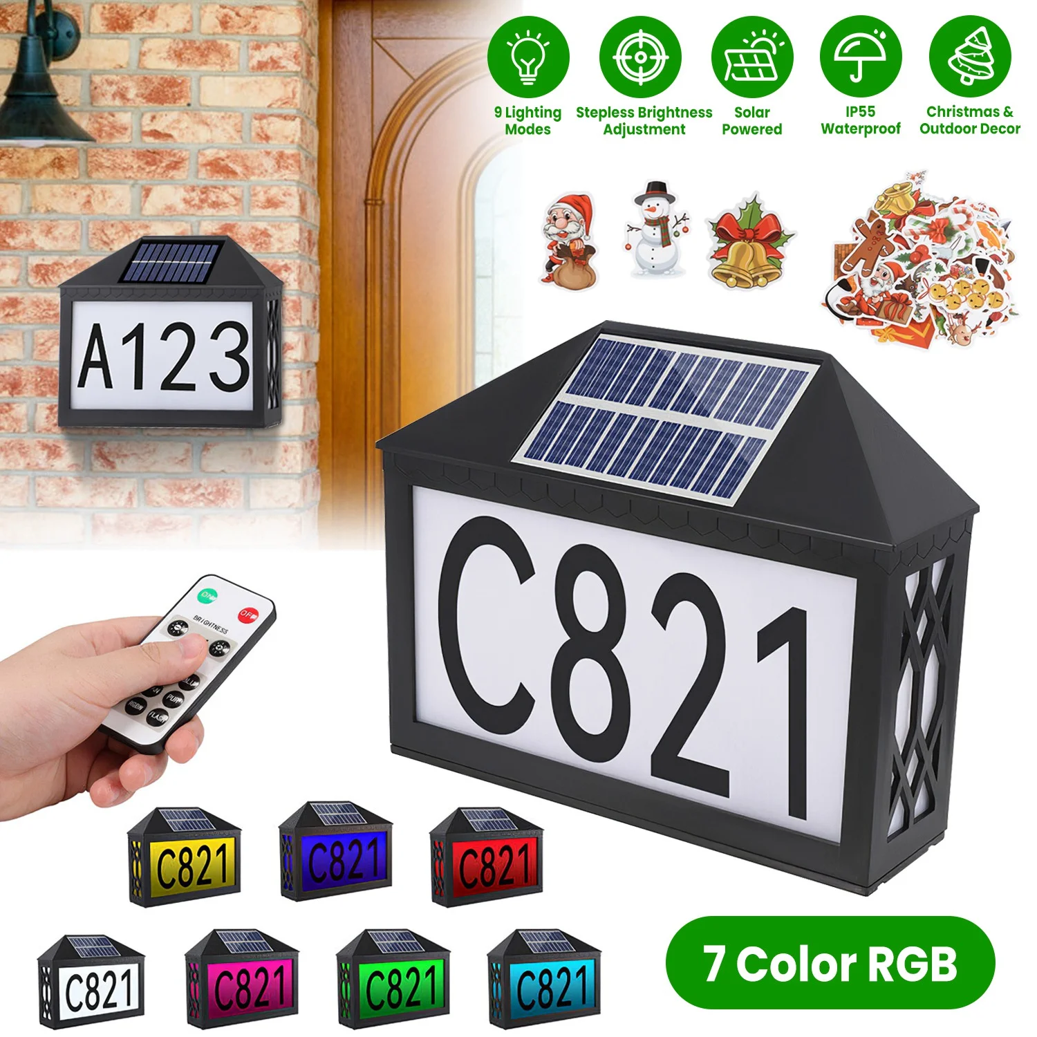iMounTEK Christmas Solar Address Sign IP55 Waterproof Colorful House Numbers Plaque Wall Mounted LED Address Sign with 9 Lighting Modes Remote Control for Yard Garden, Black