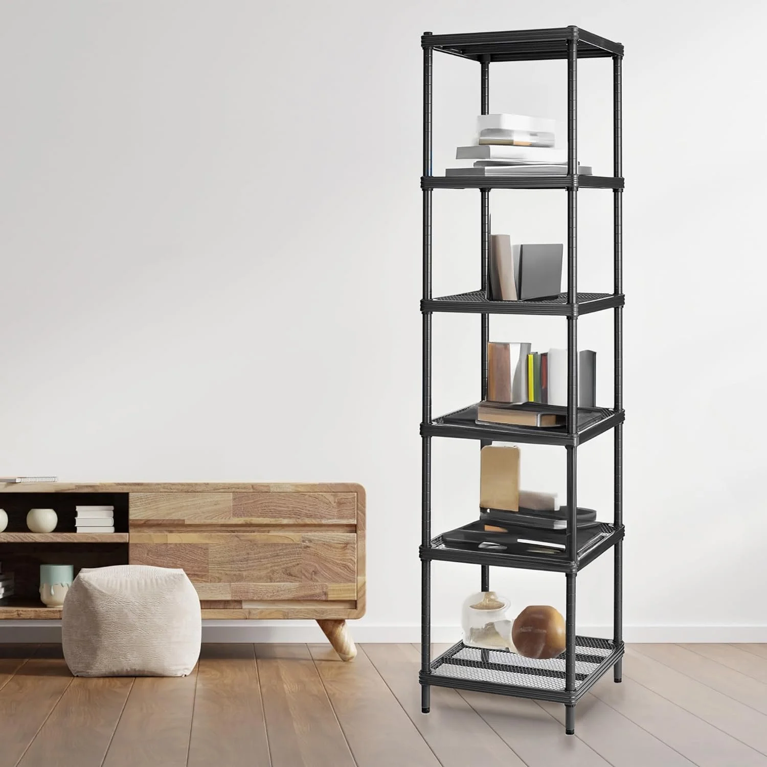 Meshworks 6 Tier Narrow Metal Storage Shelving Tower For Kitchen, Bathroom, Or Garage Organization, 17.7” X 17.7” X 70.9”, Black