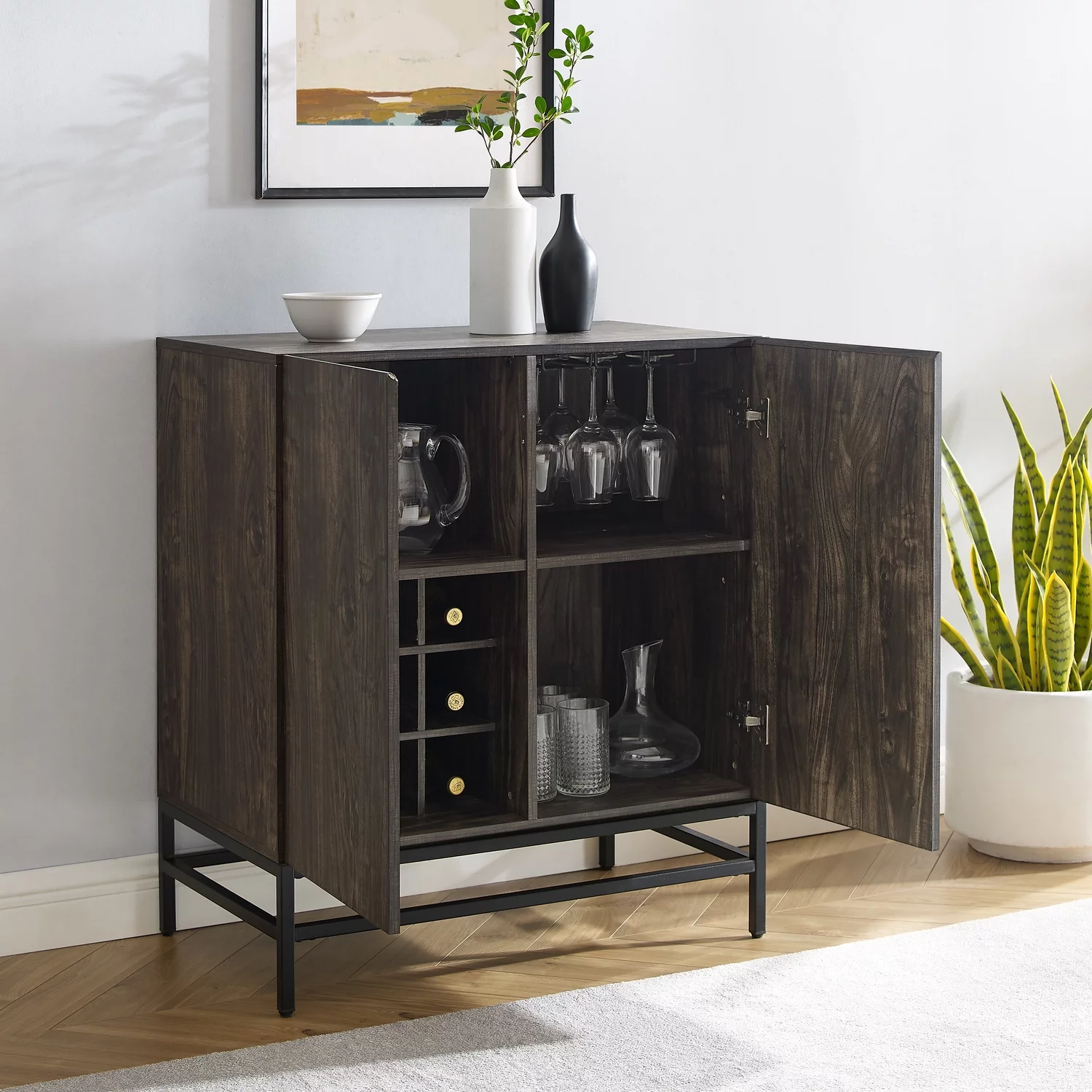 Crosley Furniture Jacobsen Wood Bar Cabinet in Brown Ash/Matte Black