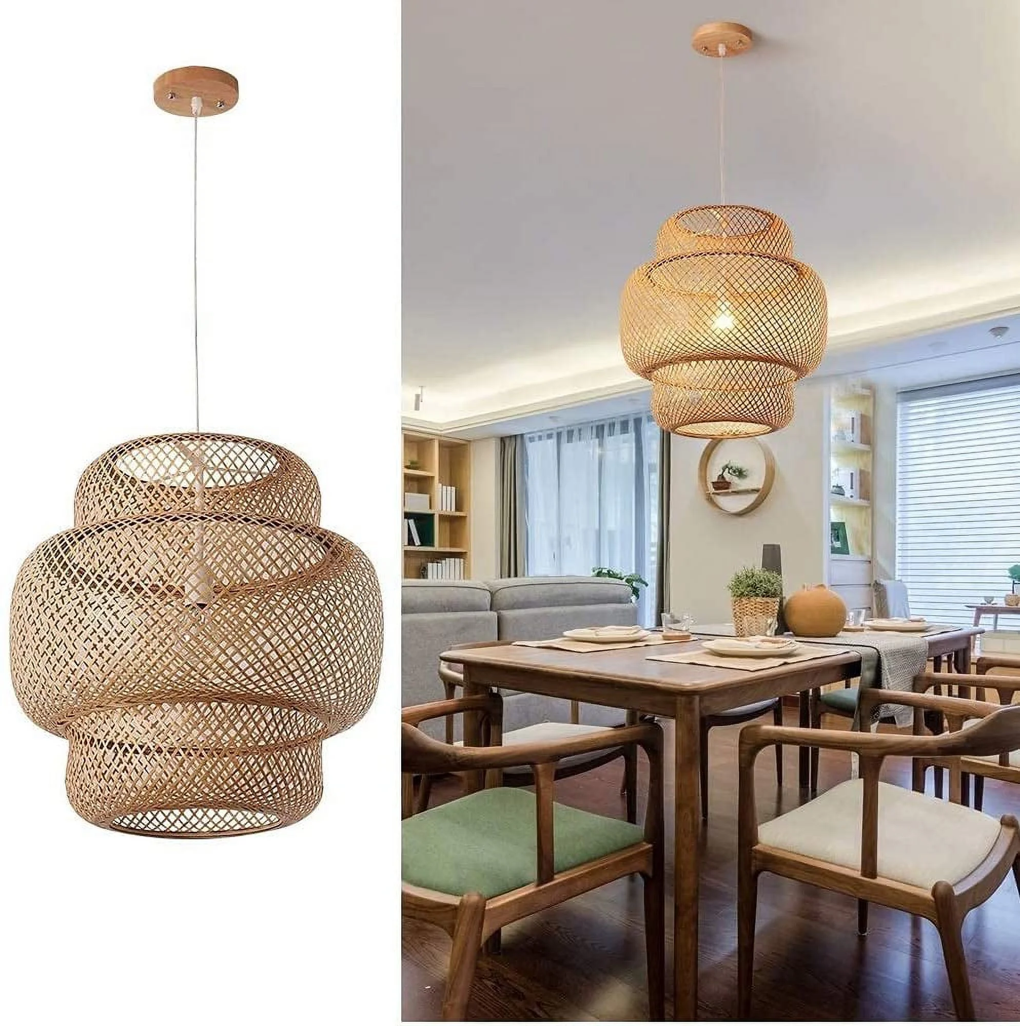 Hand-Woven Bamboo Pendant Light, Rattan Handwoven Pendant Lamp, Natural Chandeliers Domed Shape Woven Light 1 Light Hanging Light for Kitchen Farmhouse Beige (19.68 x 18.89inch)