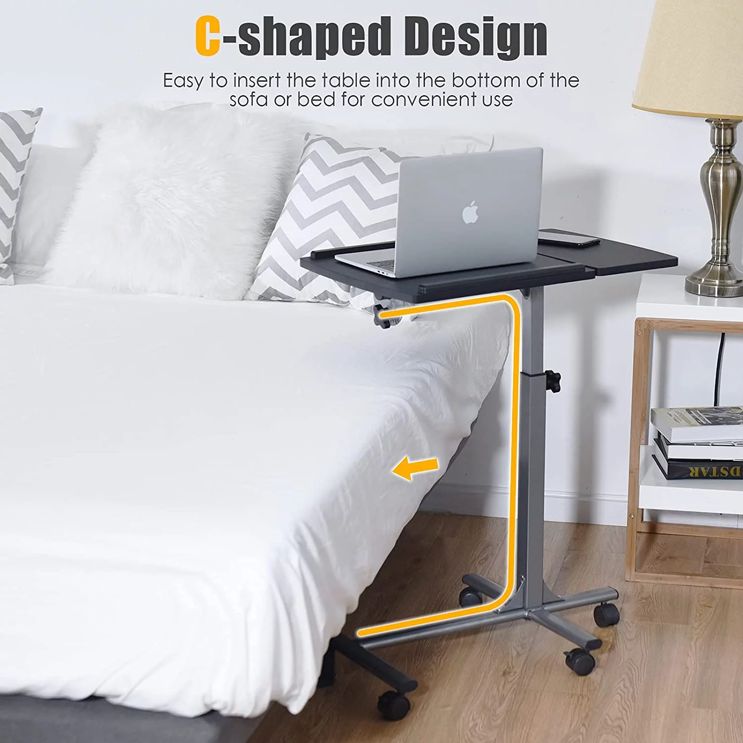 Overbed Laptop Desk, Mobile Laptop Stand with Tilting Tabletop, Rolling Height Adjustable Bedside Table with Mouse Pad Cup Holder