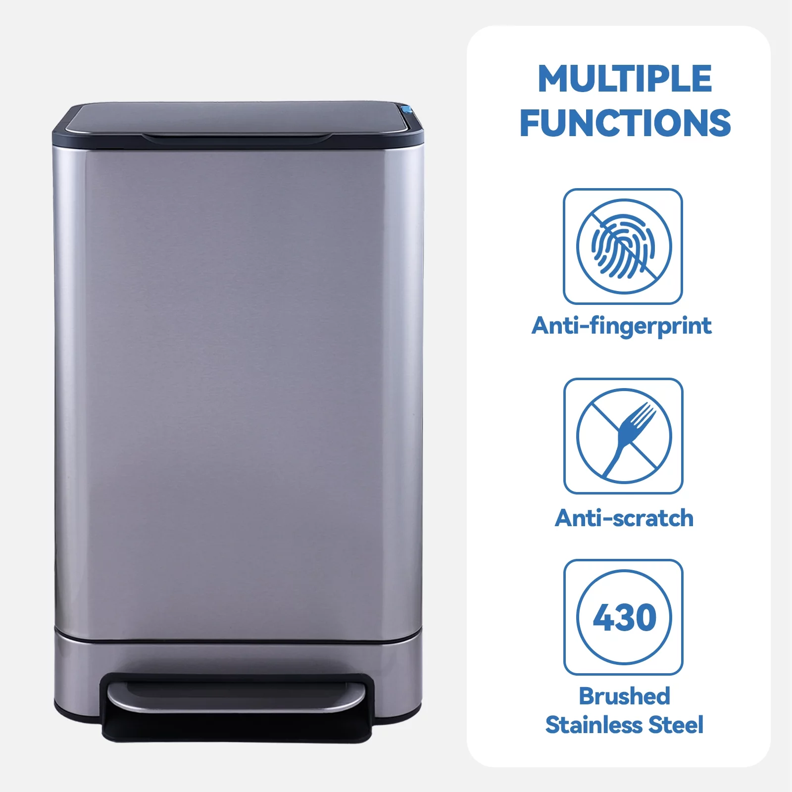 Kitchen Trash Can - ELPHECO - 13.2 Gallon Stainless Steel Garbage Bin with Soft Slow Lid, 50 Liter Pedal Trash Can, Durable Pedal, Removable Plastic Inner Bucket Waste Bin for Office, Kitchen, Outside