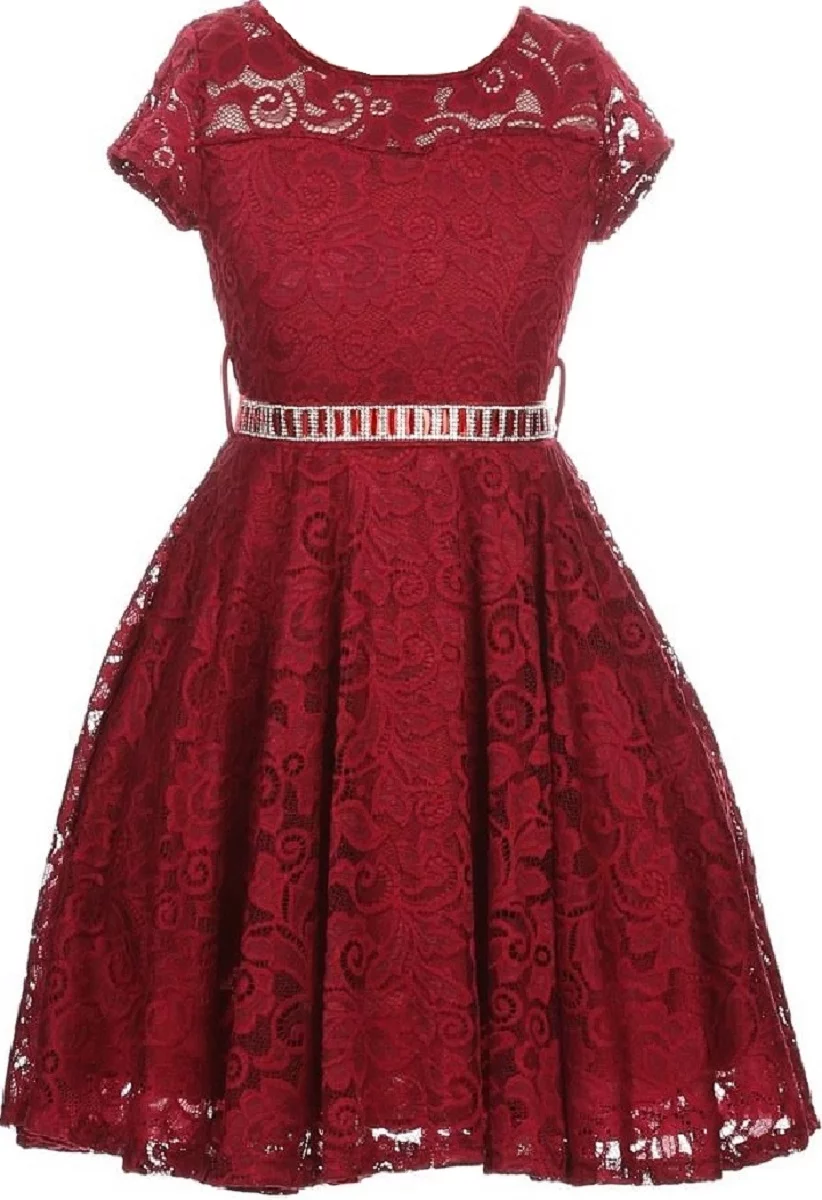 Lovely Floral Lace Rhinestones Skater Party Easter Flower Girl Dress for Big Girl Burgundy 12 JK19.88S BNY Corner