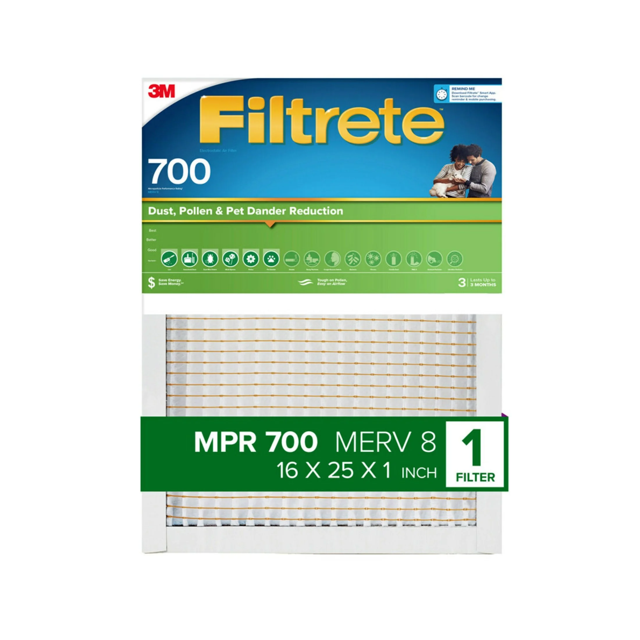 (2 pack) Filtrete 16x25x1 HVAC Filter, MPR 700 MERV 8, Dust, Pollen, and Pet Dander Reduction, 1 Air Filter