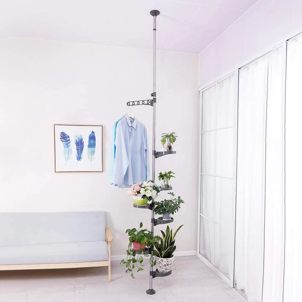 7-Tier Indoor Plant Pole Spring Tension Rod Expandable Flower Pots Display Rack Stand Hanger Metal Corner Storage Shelf, Grey
