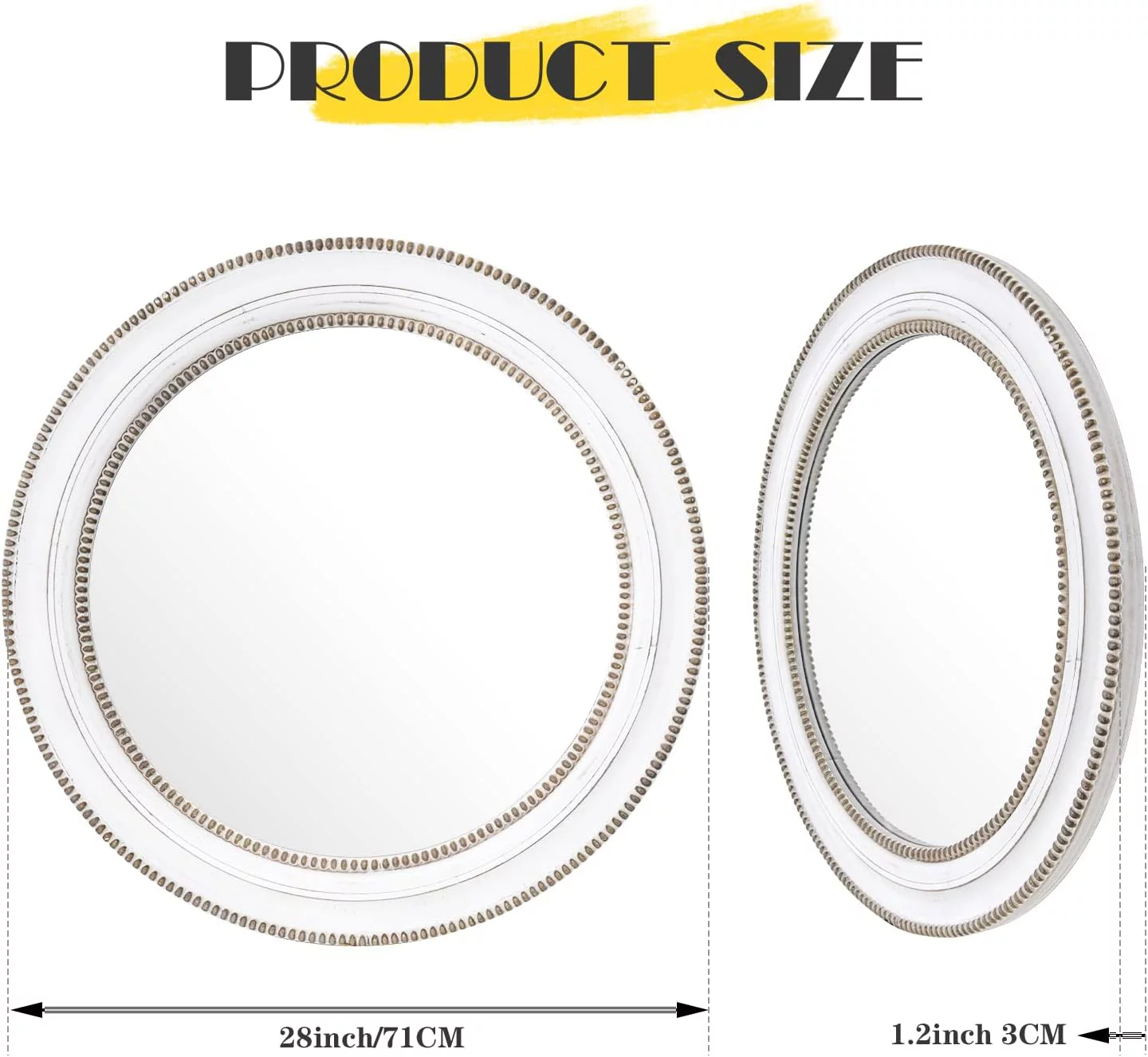 Round Mirror with Beads,Rustic Farmhouse Wooden Mirror,28