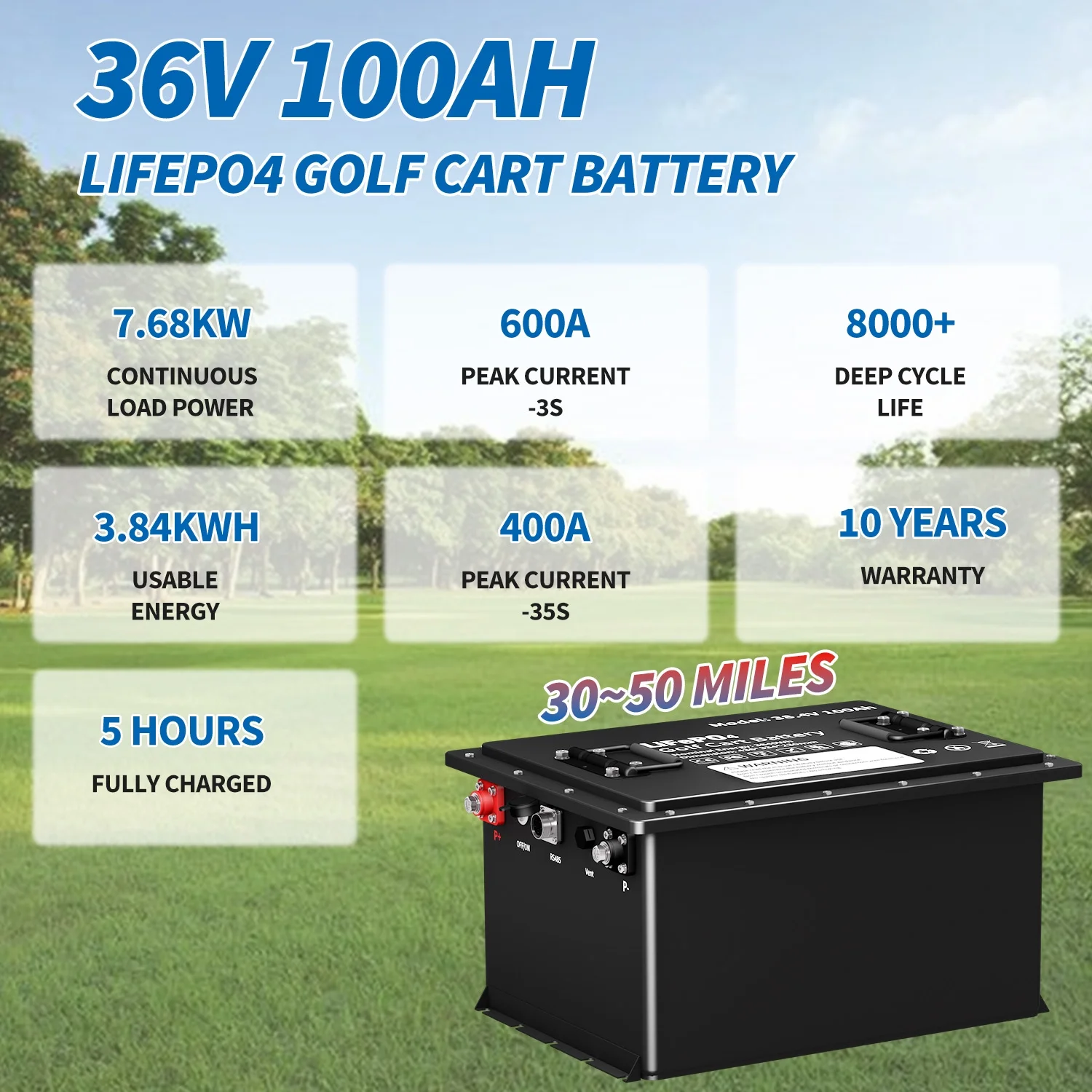 36V 100Ah Lithium Golf Cart Battery, 8000+ Deep Cycles Rechargeable LiFePO4 Golf Cart Battery 200A BMS, SCREMOWER Max 7.64kW Power Output for Golf Carts,43.8V 20A Charger