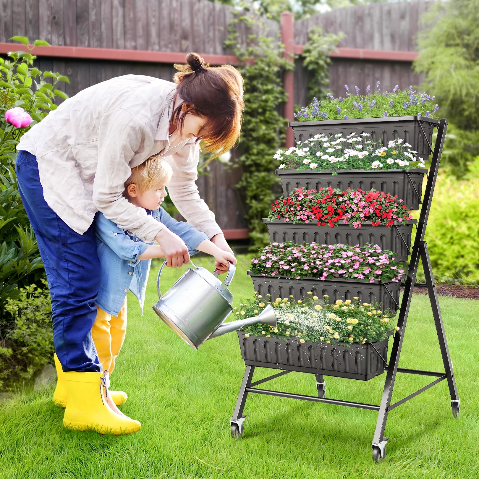 4Ft Planter Box with Removable Locking Wheels 5-Tiers Vertical Raised Garden Bed with Drain for Patio Vegetables, Flowers Herb, 30