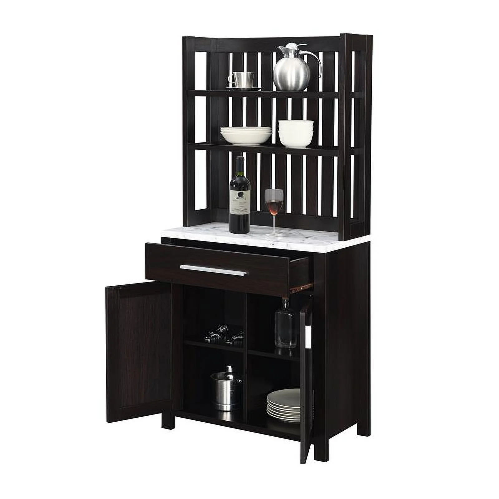 Pemberly Row Wine Bar w/ Cabinet in Espresso Wood w/ White Faux Marble Top