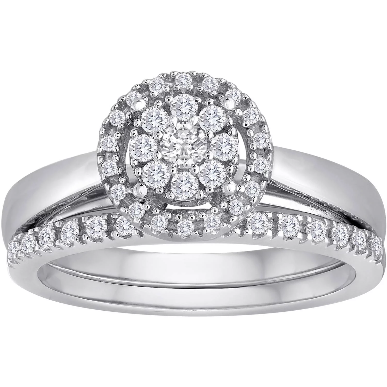 3/8 Carat T.W. Round Diamond Cluster Sterling Silver Bridal Set