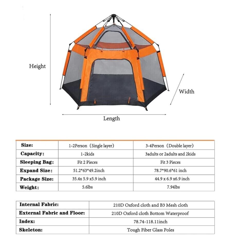 3-4 Person Camping Instant Pop-Up Tent Sun Shelter Canopy Outdoor Beach