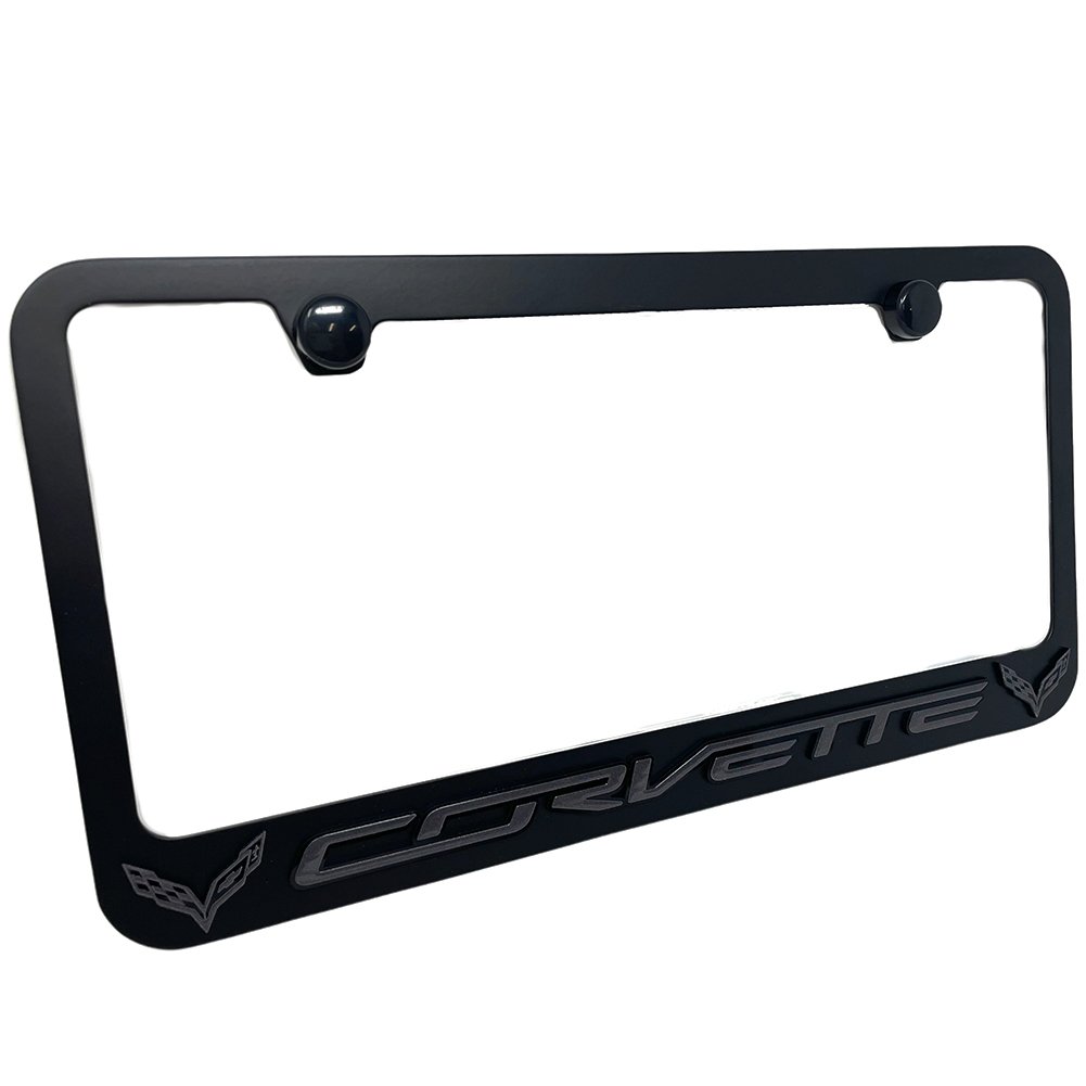 C7 Corvette License Plate Frame - Black with Dark Gray C7 Crossed Flags Logo