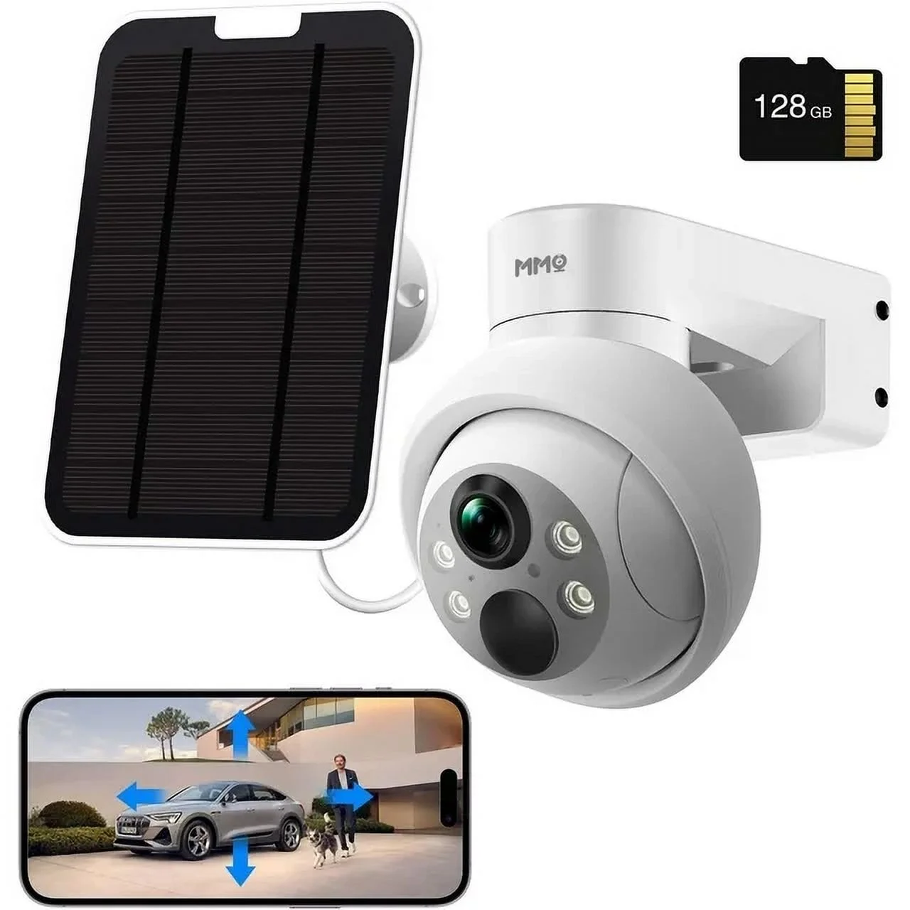Solar Security Cameras Outdoor, 4MP PTZ Solar Panel for Security Cameras, Battery Powered Wireless Cameras for Home with 128GB Card, PIR Motion Detection, Color Night Vision, Work with Alexa