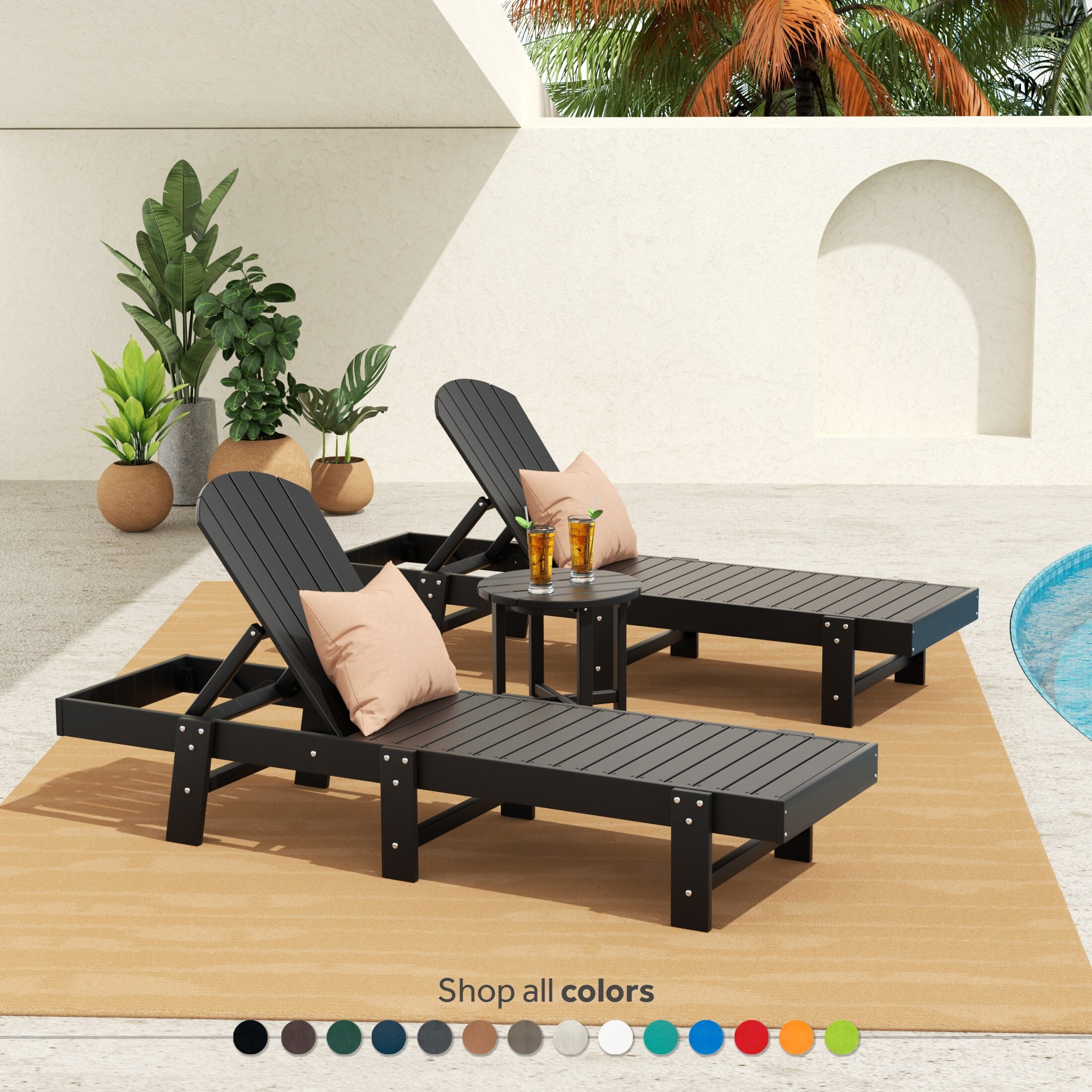 Polytrends  Altura Armless Poly Eco-friendly Reclining Chaise Lounge with Side Table Set (3-Piece Set) Teak