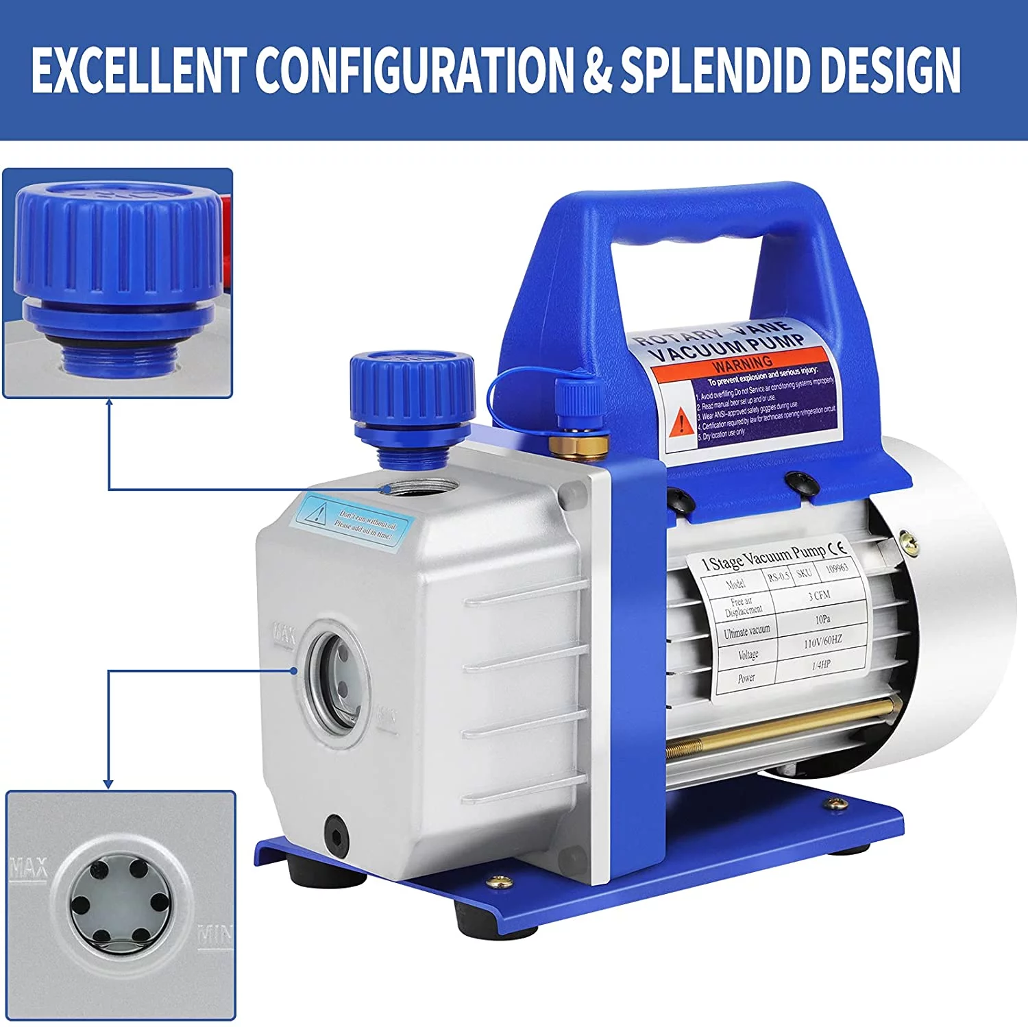 3CFM 1/4HP Deep Vacuum Pump R134a Air Refrigerant Conditioning Degassing Deep HVAC 10 PA 110V 60Hz HVAC Durable and Reliable Rotary Vane Deep Pump Manifold Gauge Wine Degassing or Epoxy Air Tool