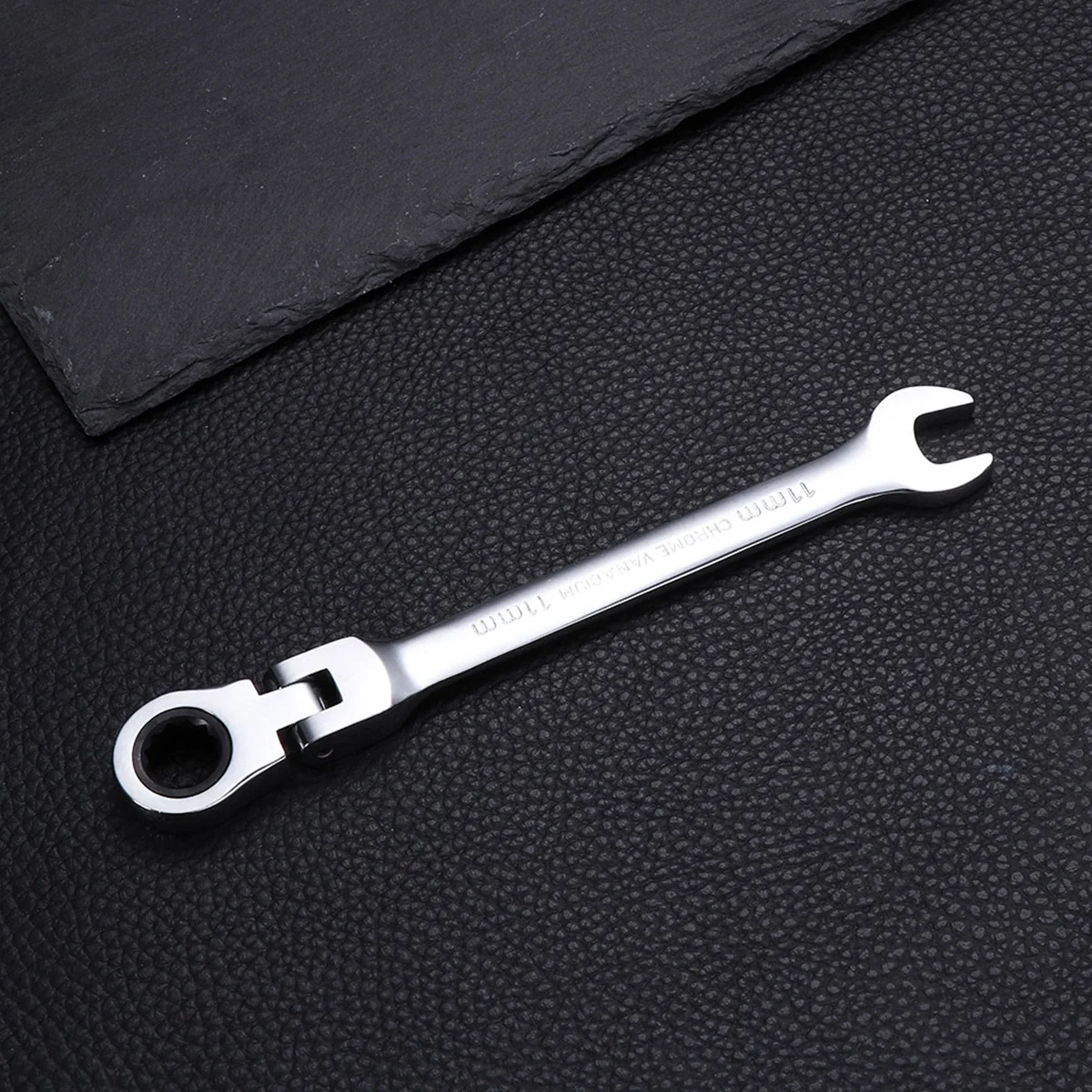 11mm Dual Heads Ratchet 180 Degree Flexible Pivoting Head Adjustable Combination Dicephalous Wrench Spanner (Silver)