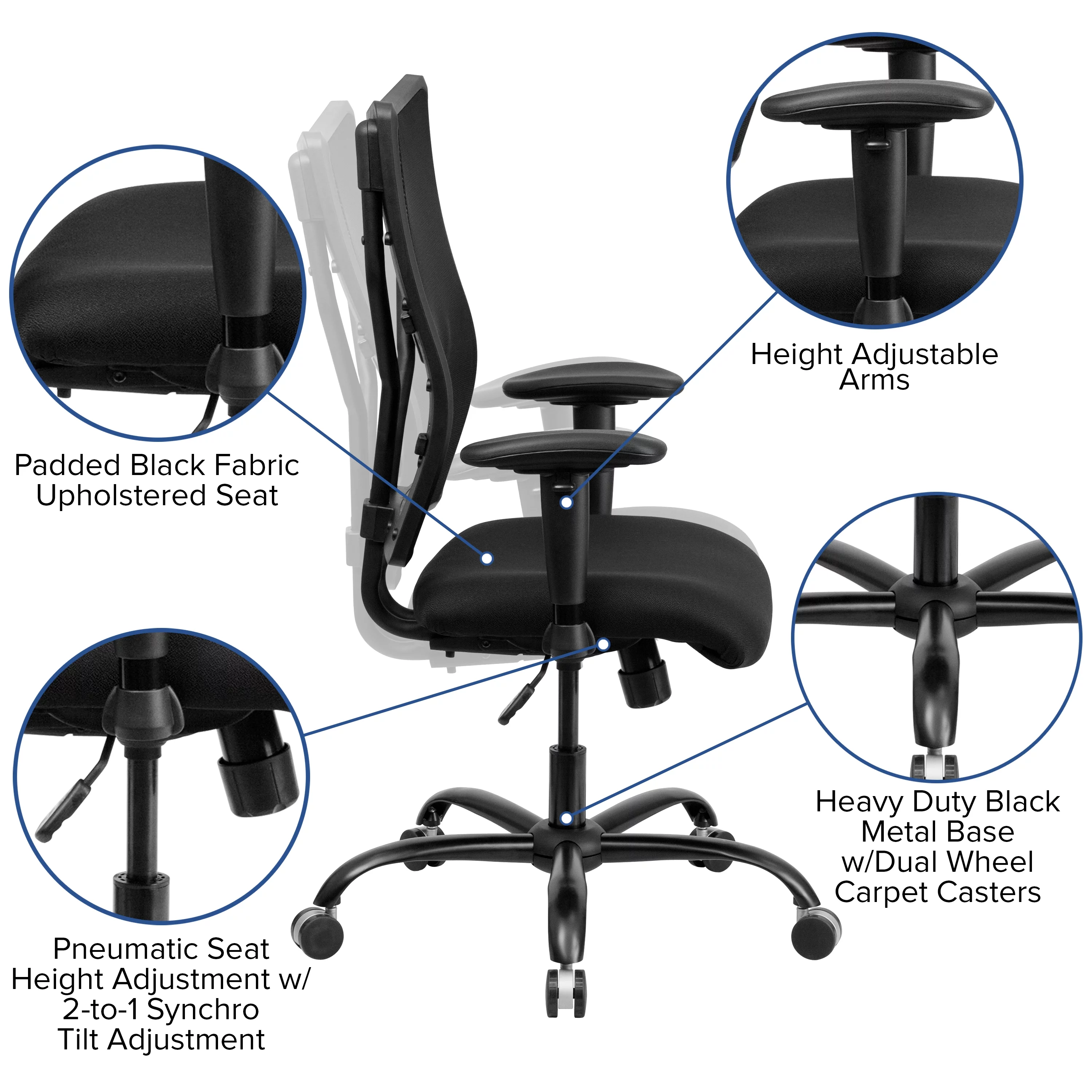 Emma + Oliver 400 lb. Big & Tall Black Mesh Swivel Ergonomic Office Chair with Adjustable Arms