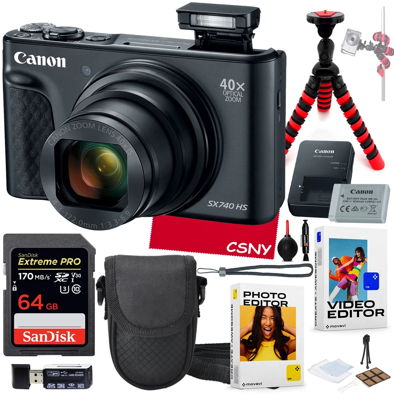 Canon PowerShot SX740 HS Digital Camera (Black) Bundle + Accessory Kit Including Camera Pouch, 64GB Extreme Memory, Photo & Video Editing Software Package & More (18 Pc Bundle)