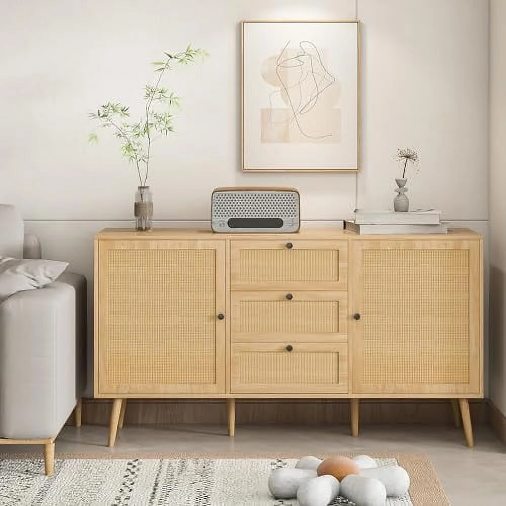 HBROLJF Rattan Sideboard Buffet Cabinet with   Cabinet with 2 Doors and Adjustable Shelves  Rattan Accent Cabinet with 3 Drawers for Living Room  Kitchen  Dining Room  Entryway (Oak)