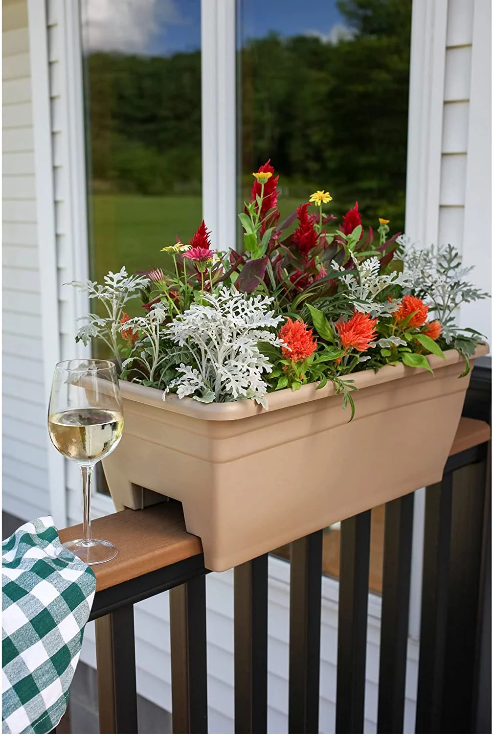 24 Inch Wide Heavy Duty Plastic Deck Rail Mounted Garden Flower Planter Boxes with Removable Drainage Plugs, White (2 Pack)