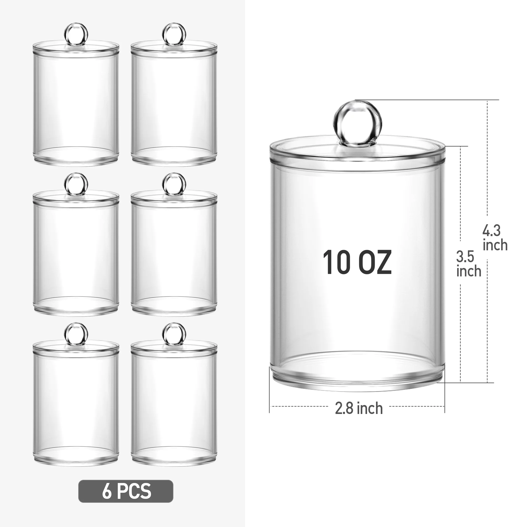 WeGuard 6 Pack Plastic Apothecary Jars with Lids - Qtip Holder Bathroom Canister Sets Clear Plastic Acrylic Jar for Cotton Ball, Cotton Swab, Q-Tips, Cotton Rounds-Bathroom Accessories Jars