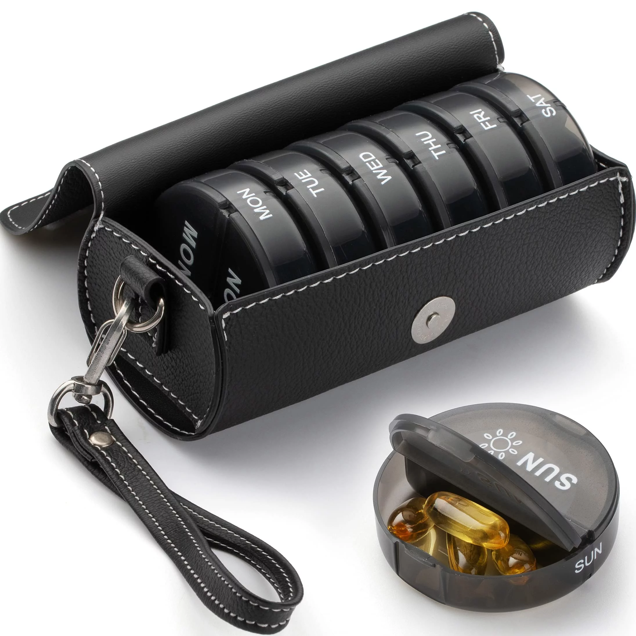 Pill Organizer 2 Times a Day,Weekly Large Daily Pill Box with PU Leather Case for Travel,Round Medicine Organizer,7 Day Pill Container for Vitamin Fish Oils Supplement