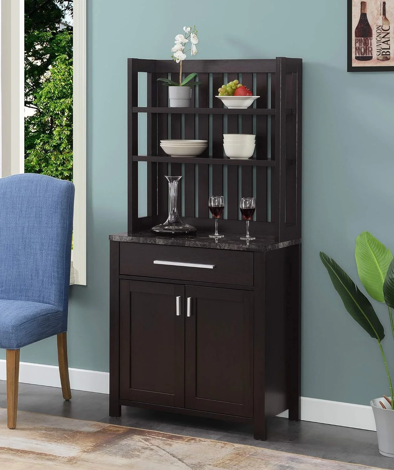 Sawyer 1 Drawer Wine Bar With Storage Cabinet And Shelves, Black Faux Marble/Espresso