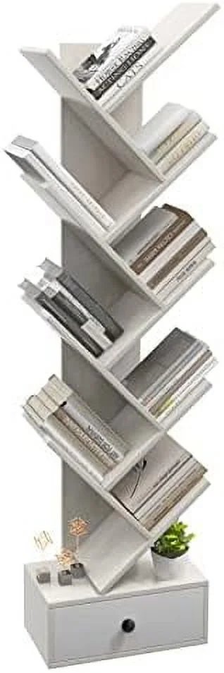 JDZHAPPYLIFE 5 Tier Tree Bookshelf with Drawer  Rustic 5  Space Saving Corner Bookcase  Retro Wooden Book Shelves for Books/CDs/Movies  Open Display  for Home Office (Brown  5 Tier)