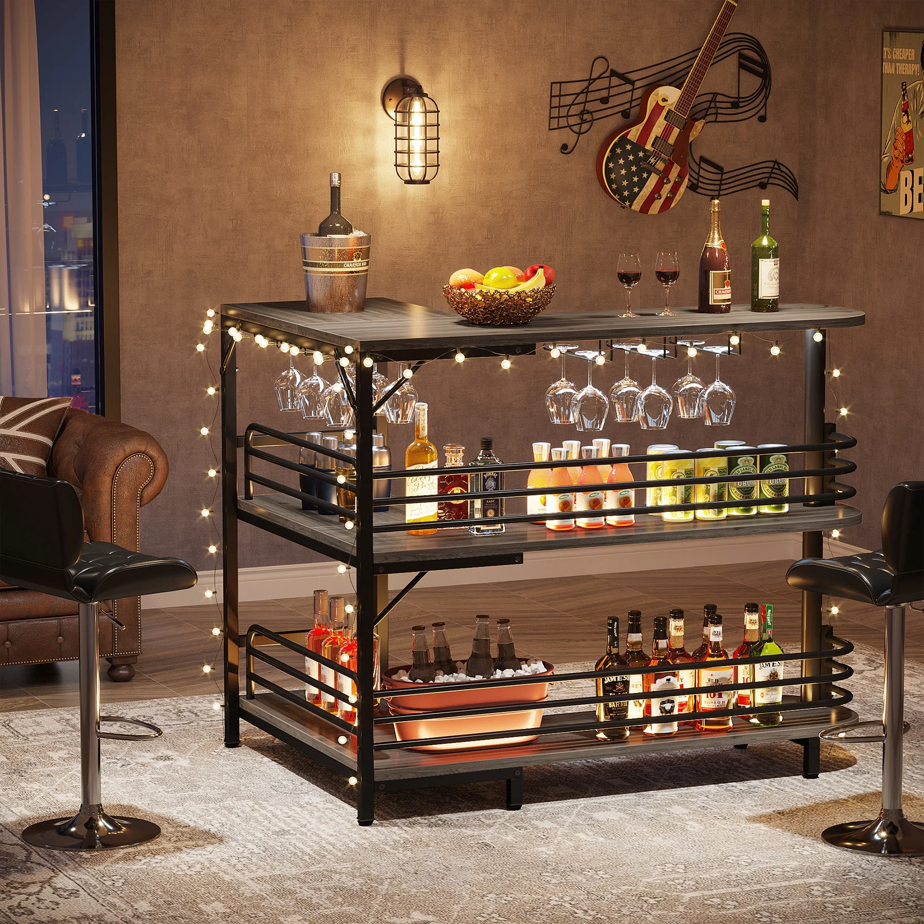 Tribesigns L-Shaped Home Bar Unit, 3 Tier Liquor Bar Table  Industrial Corner Bar Cabinet, Gray