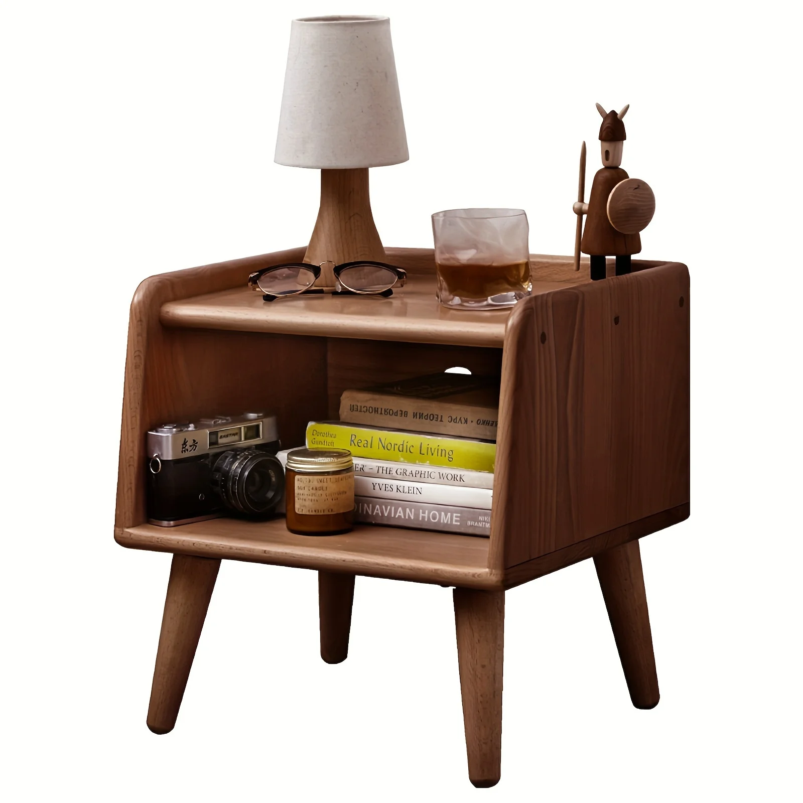 Modern Bedside Nightstand In Walnut Color, 100% Solid Beech Wood Nightstand With Open Drawer, Bedroom And Living Room Bedside Table Cabinet, 15.75