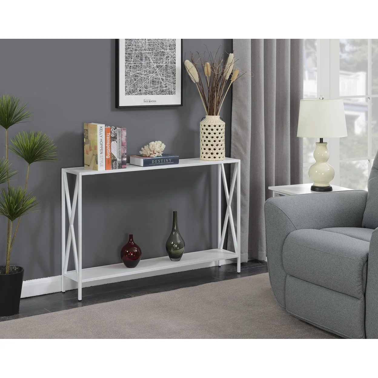 Convenience Concepts Tucson Console Table in White Wood Finish and Metal Frame