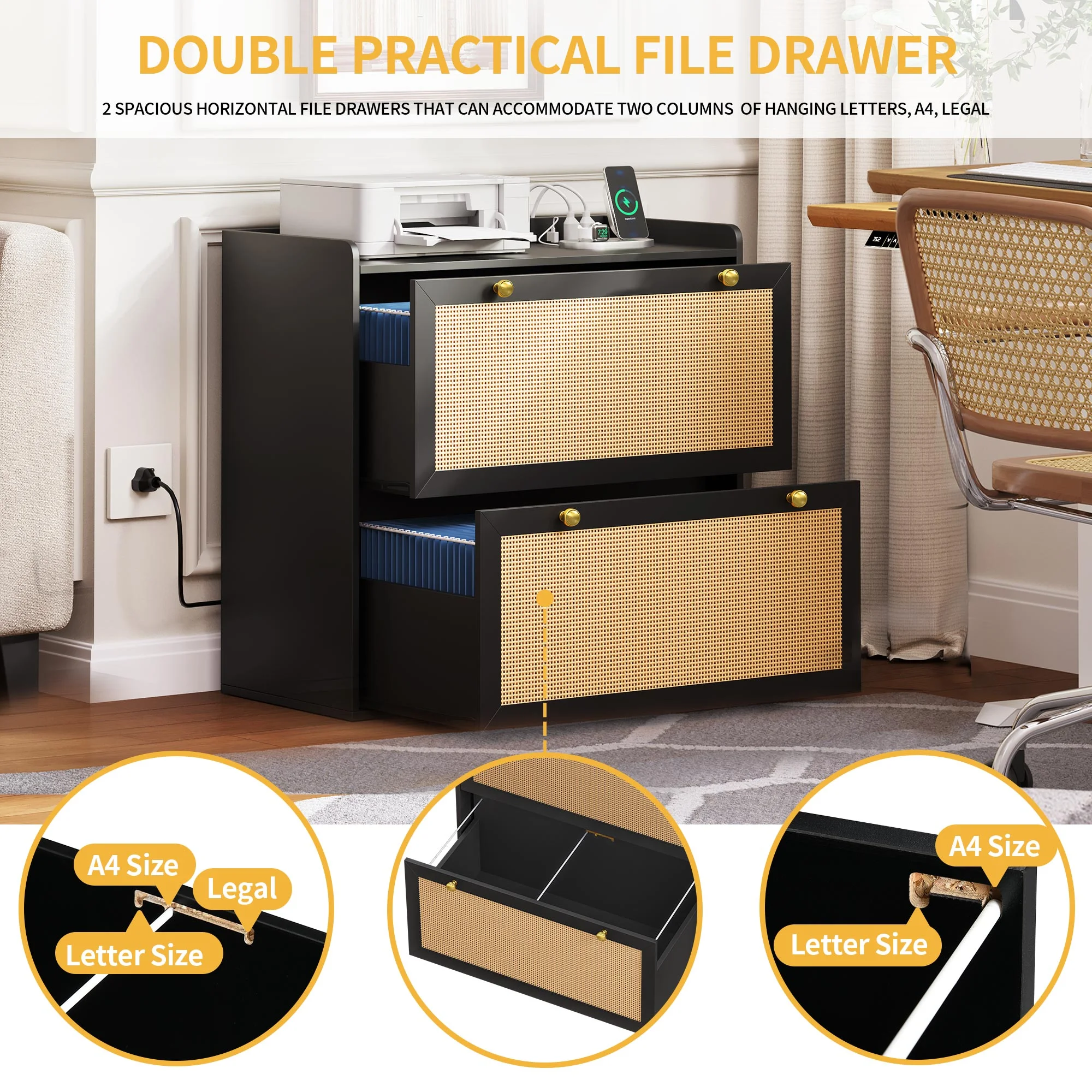 DWVO Rattan 2 Drawer File Cabinet with Charging Station, Lateral Wood Filing Cabinet Printer Stand Fits A4 Letter Legal Size Files, Black